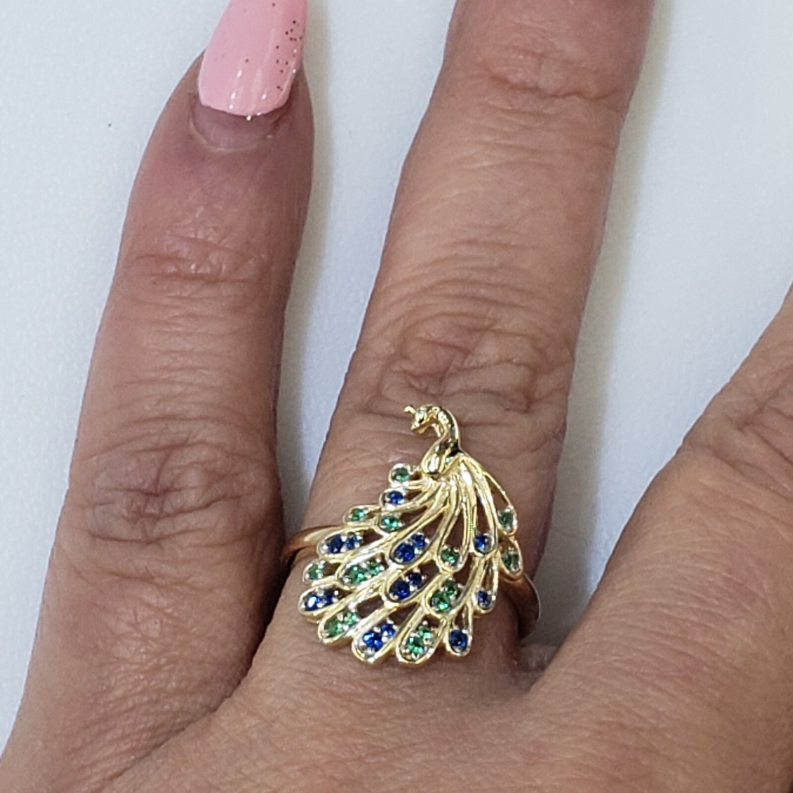 Solid 14k yellow gold peacock Ring Size 5 6 7 8 9 green blue