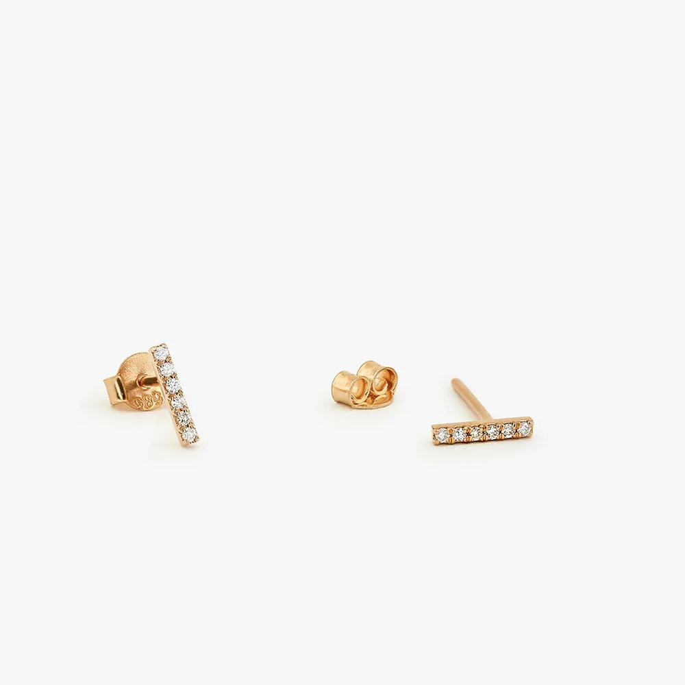 14K Gold 0.10 CT H-I/SI Round Natural Diamond Dainty Minimal Bar Stud Earrings