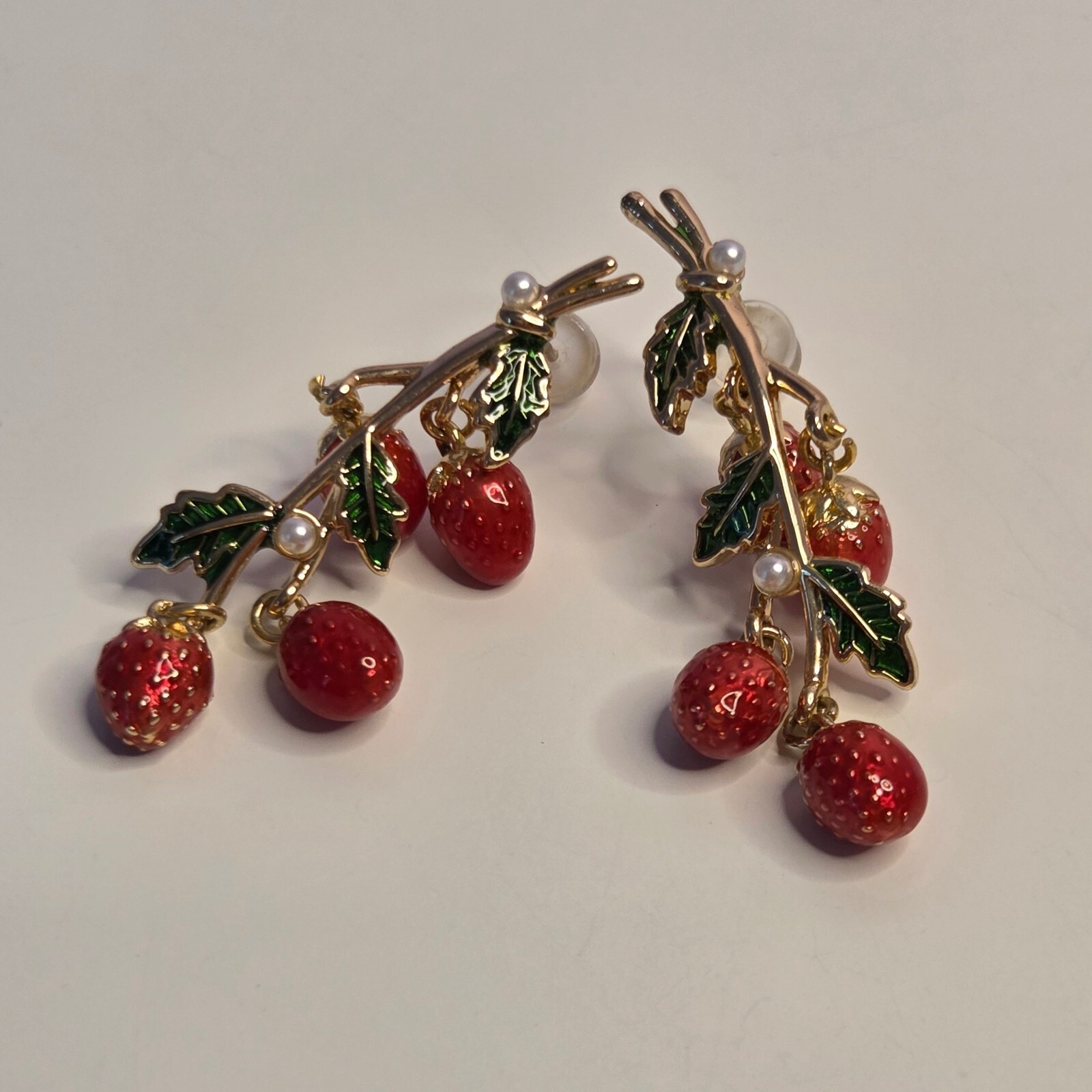 Gold Tone Metal Enamel Strawberry Dangle Earrings Cottagecore Fairy Whimsical