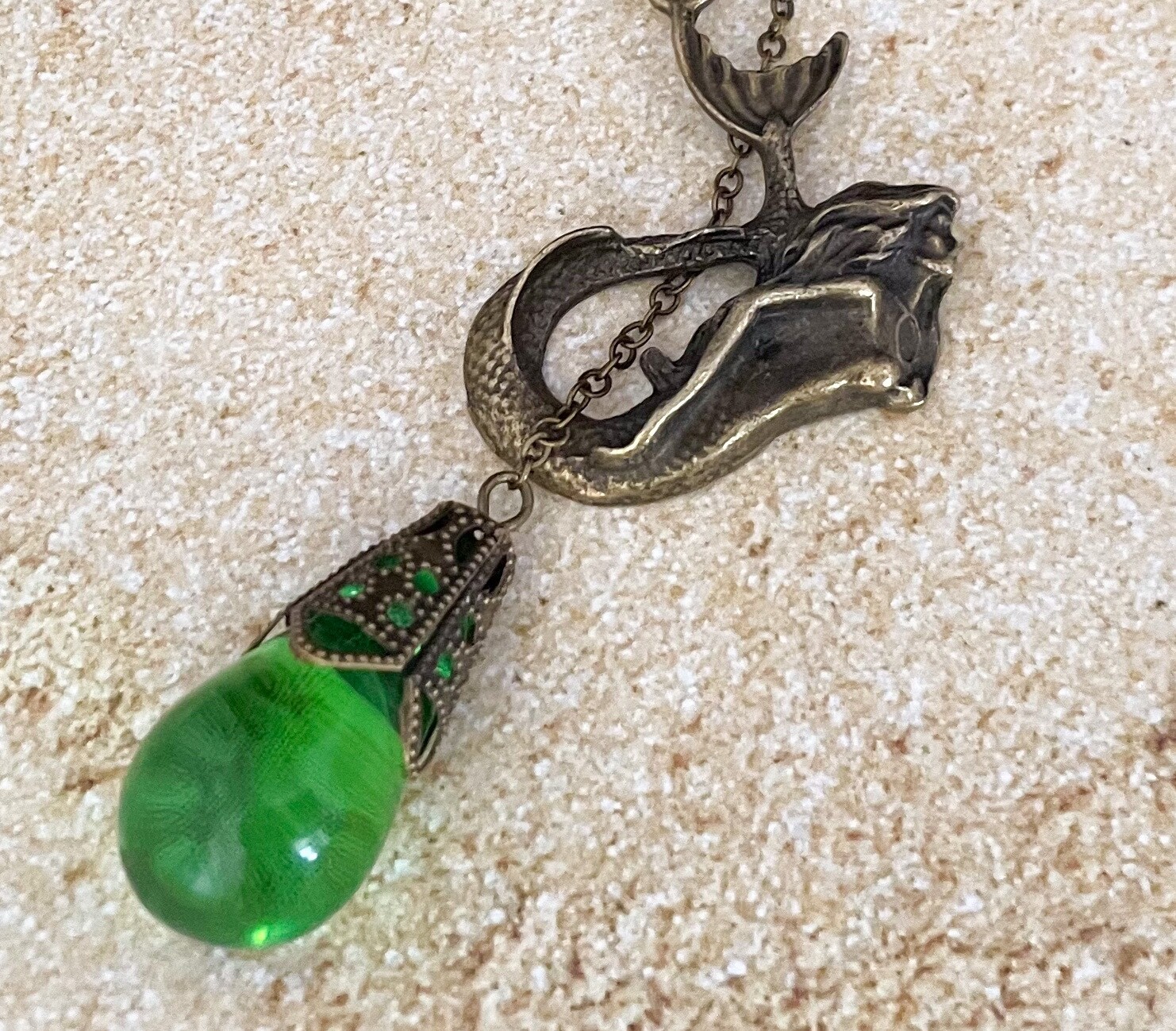 Mermaid Necklace Art Nouveau Siren Lariat Pendant W/ Antique Green Czech Glass