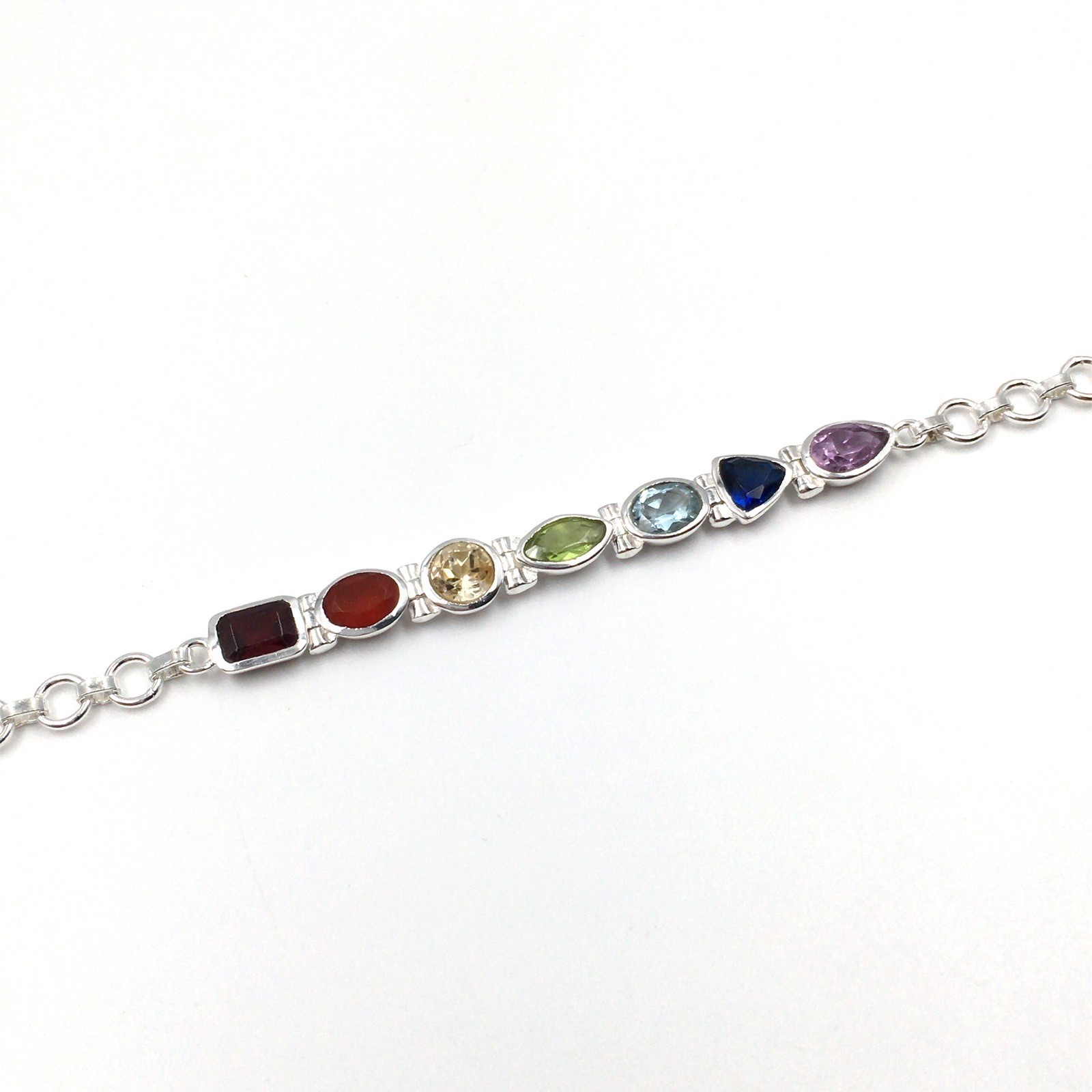 925 Silver Bracelet 18.5cm Colourful Gemstones Multicolour Jewellery Red Blue Green Yellow