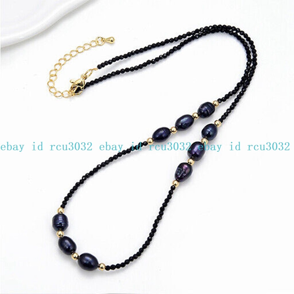 Faceted 3mm Round Black Spinel 8-9mm Natural Freshwater Pearl Pendant Necklace