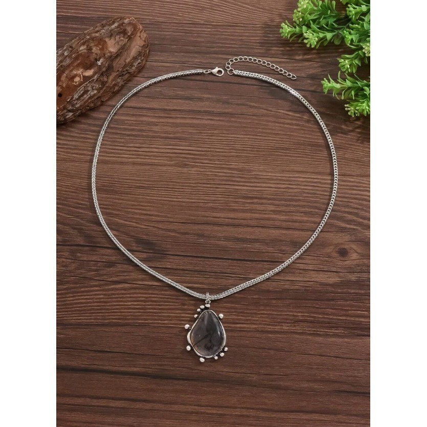 Boho Antiqued Silver Tone Smoky Ink Swirl Teardrop Pendant Wheat Chain Necklace