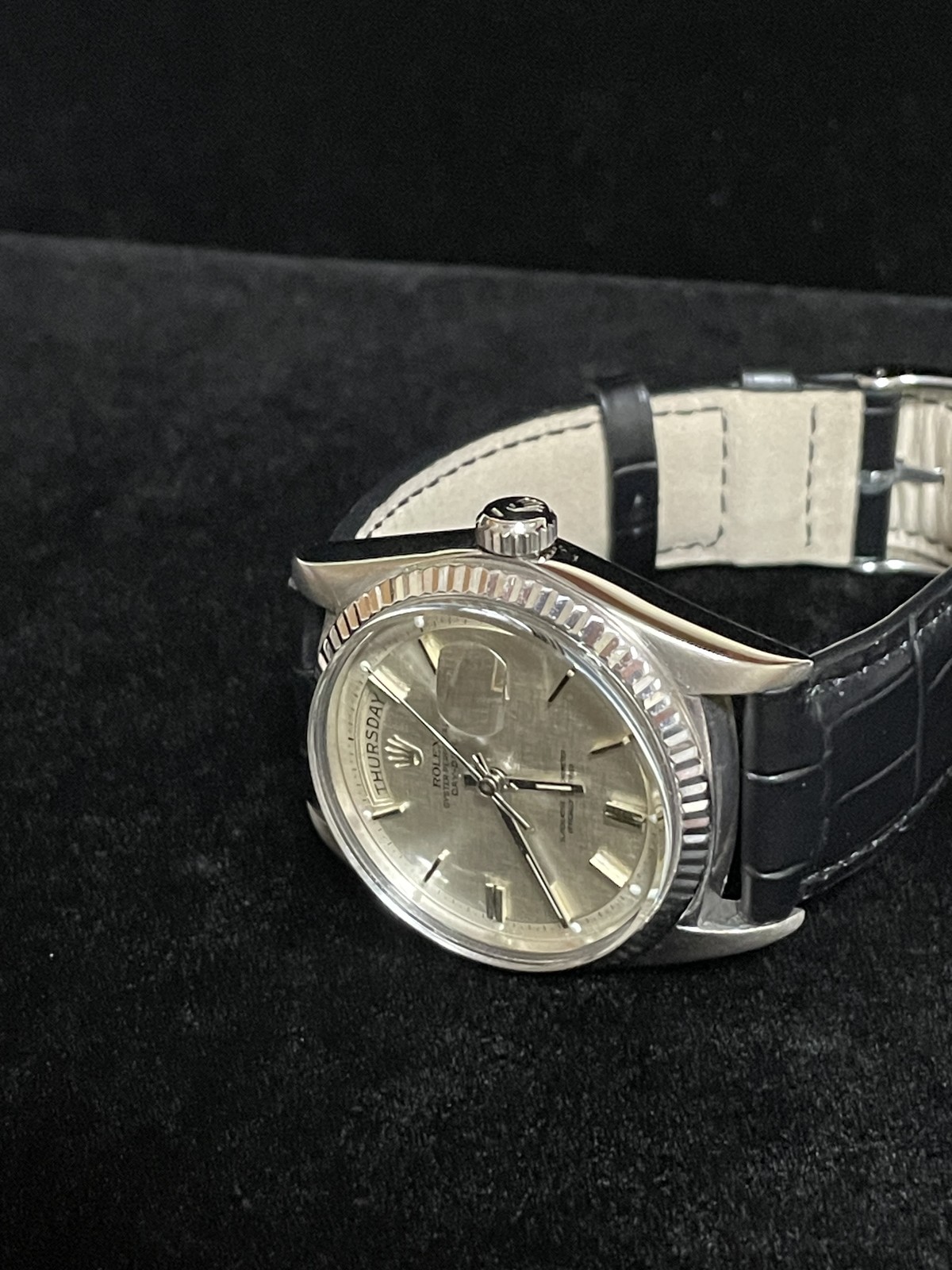 1974 Rolex Day-Date 1803 Linen Dial 18kt White Gold Leather strap No Papers 36mm