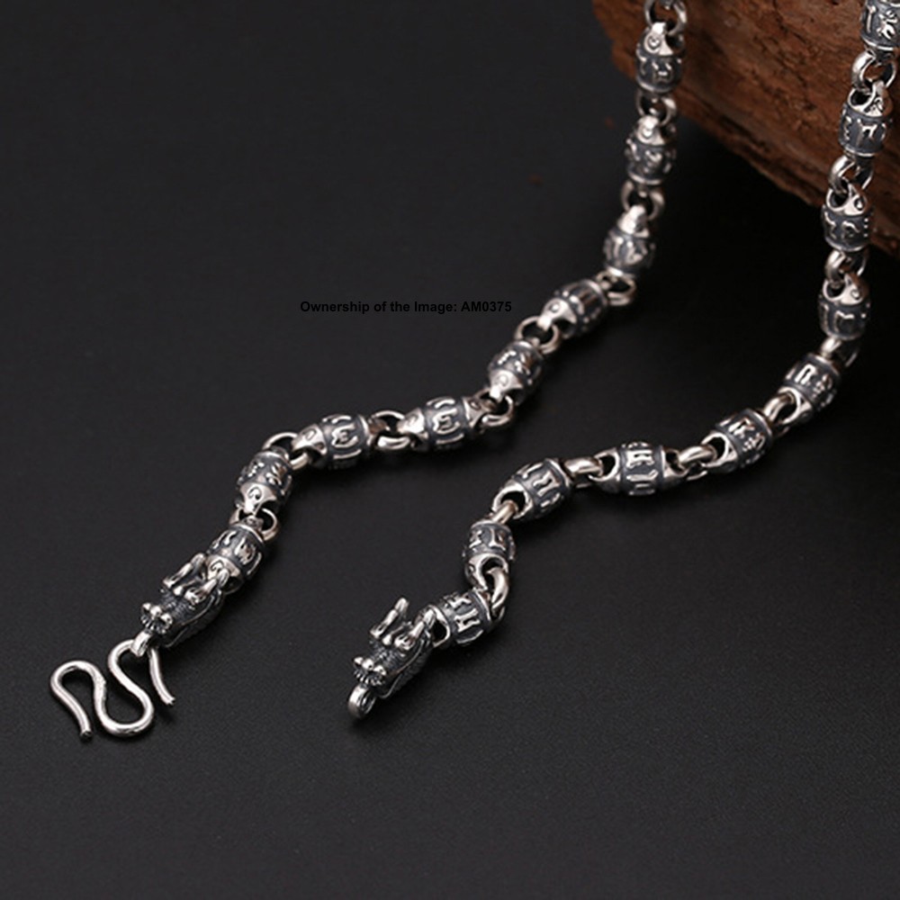 Pure 925 Sterling Silver Necklace Dragon Head 6mm Sutra Oval Bead Link Chain