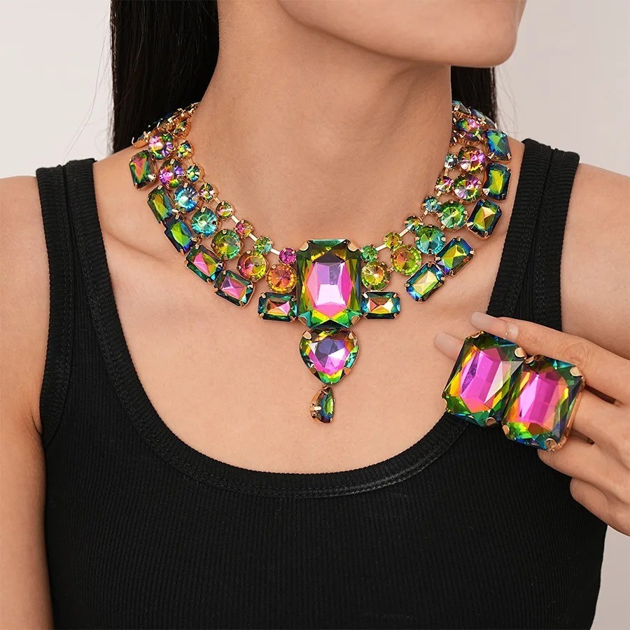 Rhinestone AB Crystal Necklace Earrings Set Choker Party Prom For Women