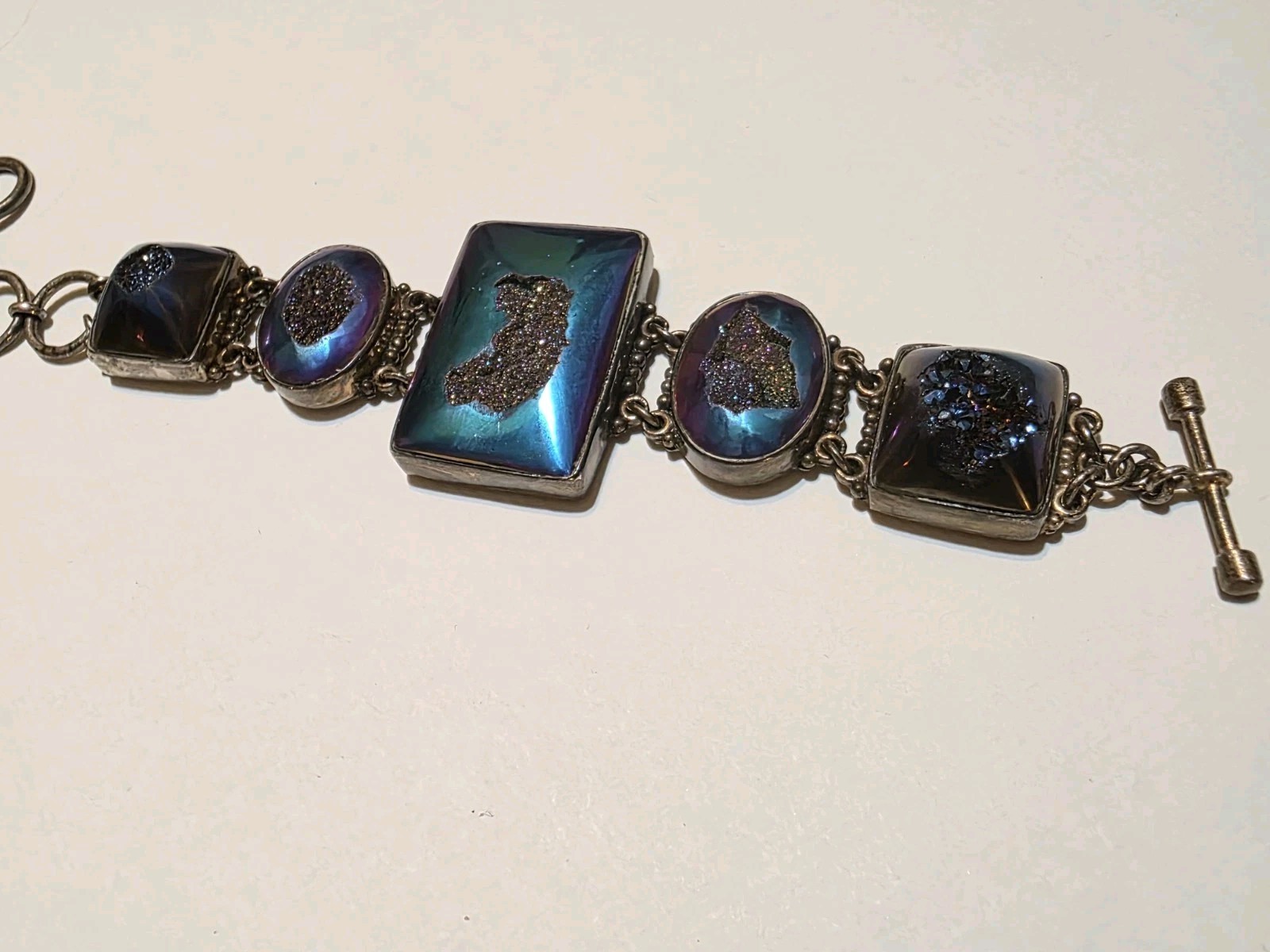 Signed SAJEN 925 Sterling Silver Chalcedony Amethyst Druzy Quartz Bracelet 45g