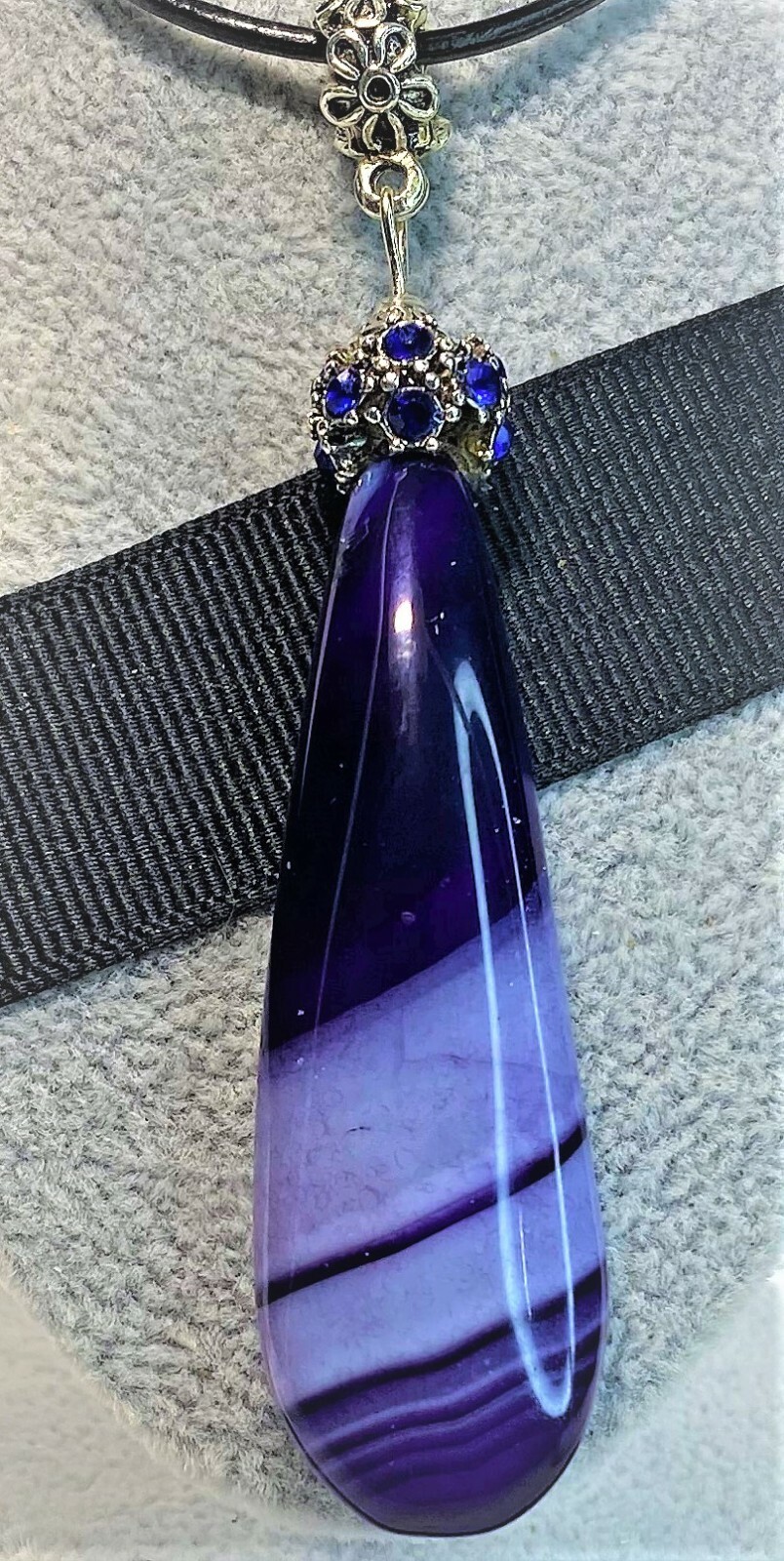BLUE QUARTZ TEARDROP PENDANT SILVER TOP FREE BLACK LEATHER CHOKER CORD