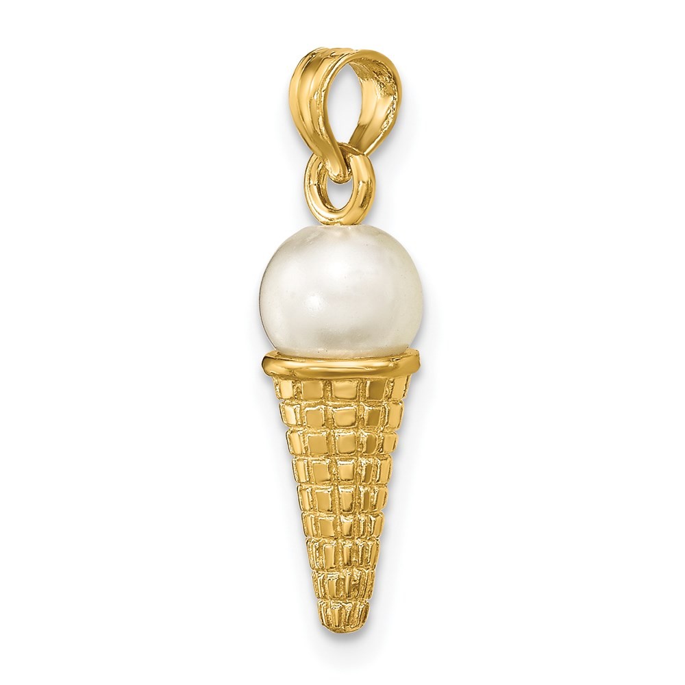 14K Yellow Gold Satin 3D Bead Ice Cream Cone Pendant L-16.15mm W-6.05mm