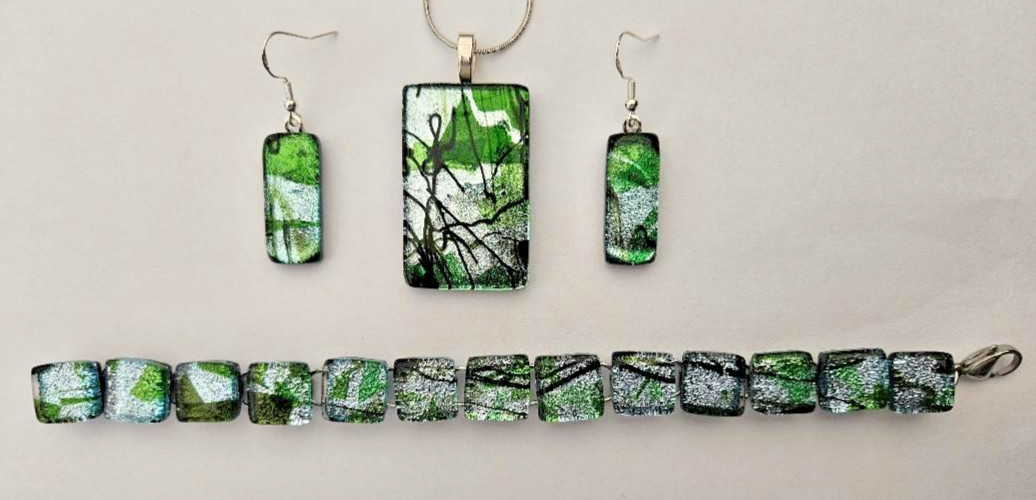 Handcrafted Silver, Green, Black Fused Dichroic Glass Pendant, Earring, Bracelet