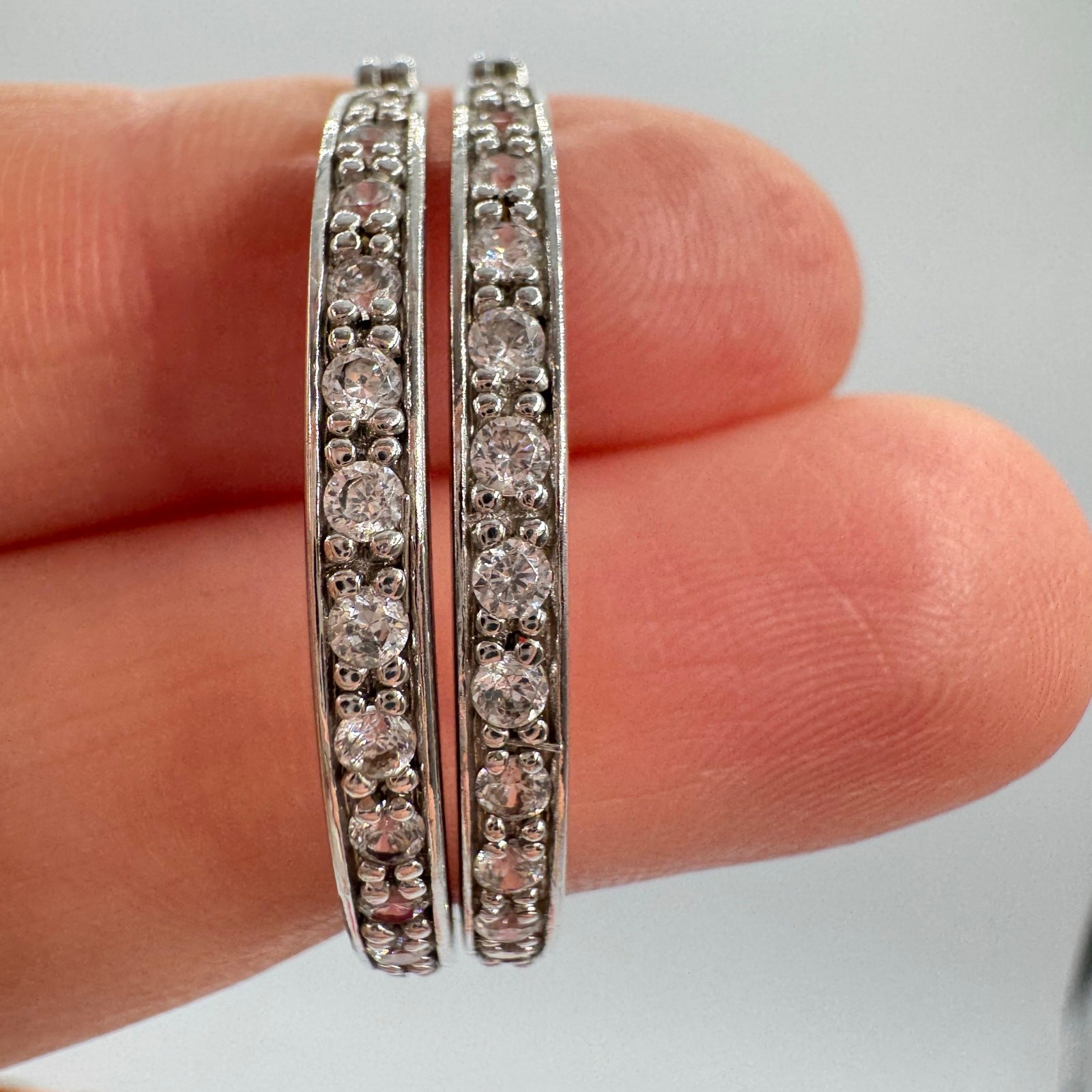 925 Sterling Silver CZ Front Back Hoop Earrings Acid Tested Signed 1 1/4” 7.36 g