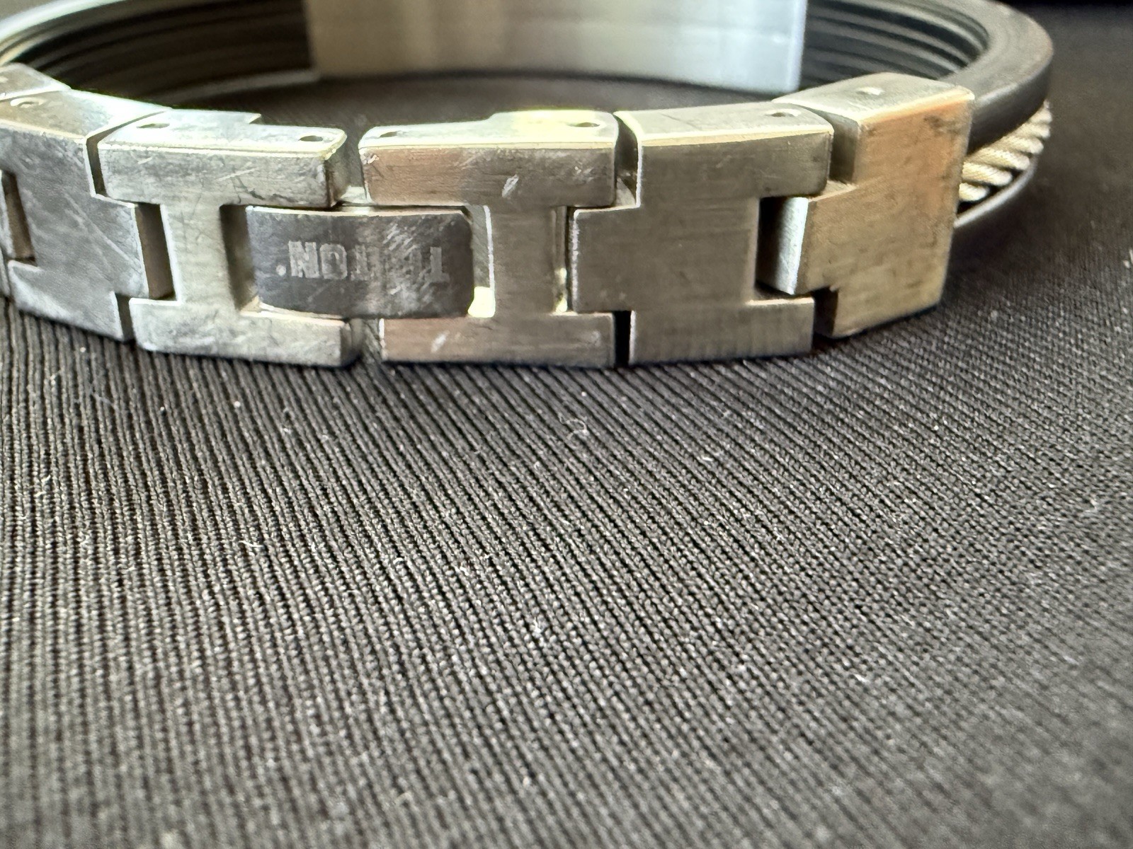 Triton Mens Bracelet Stainless Steel & Black Rubber 14K Gold Screws Cable Inlay