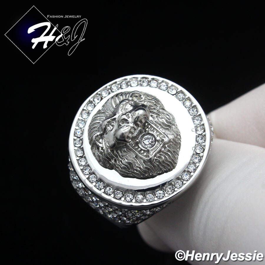 MEN’s Stainless Steel ICY BLING Cubic Zirconia Silver Lion Face Round Ring*R147