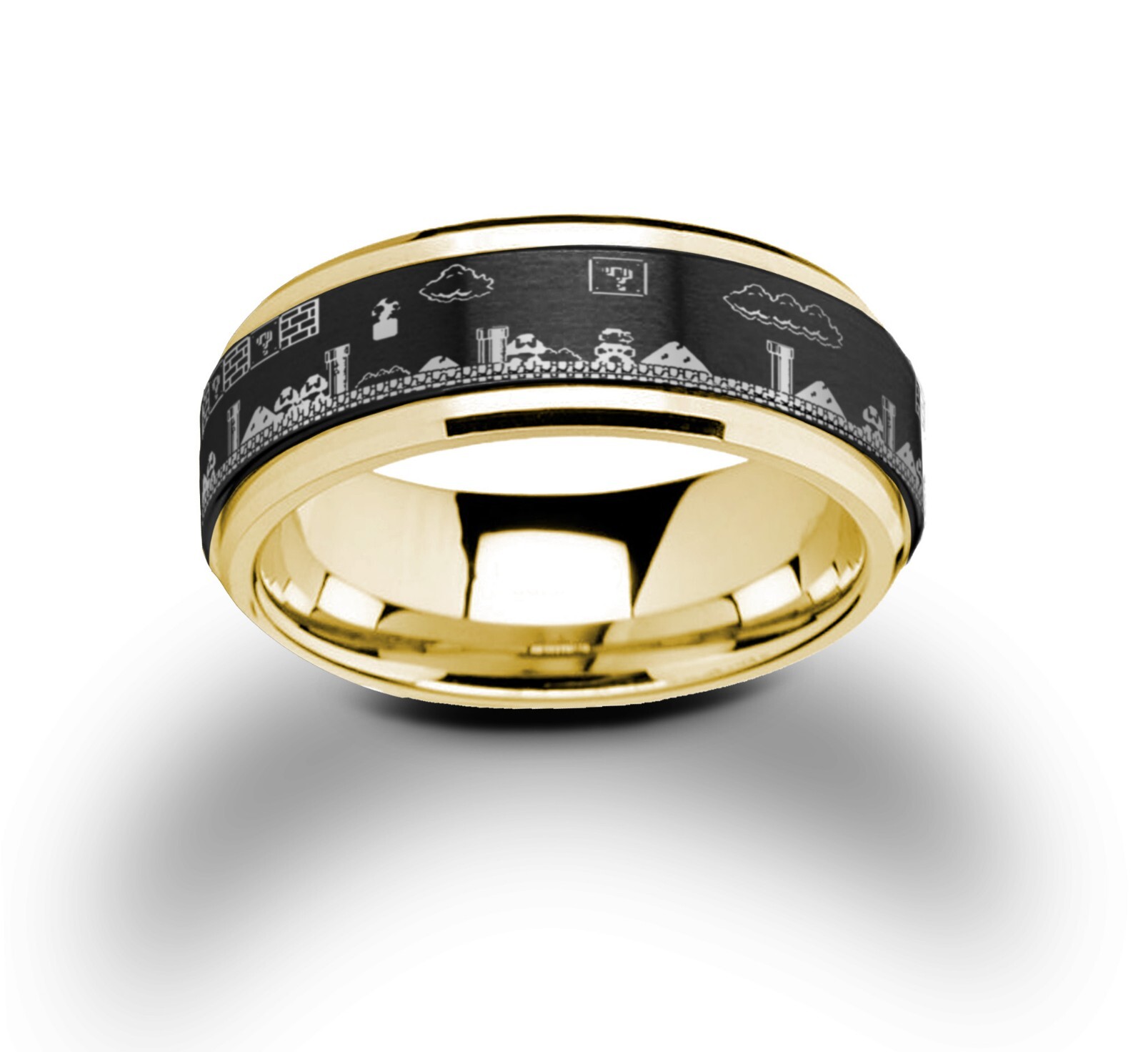 Mario Bros Video Game Spinner Ring, Tungsten Carbide Wedding Ring 8mm