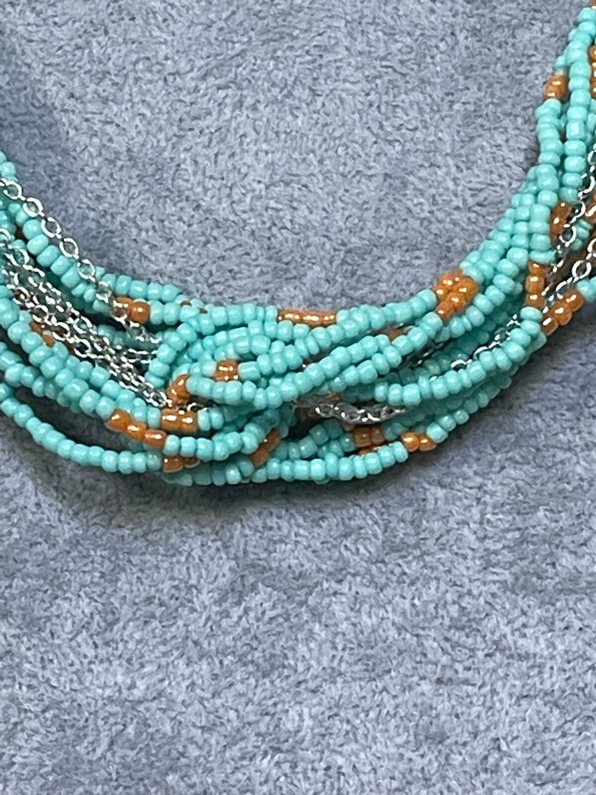 Multi Strand Light Blue And Peach Glass Seed Bead Necklace Earring