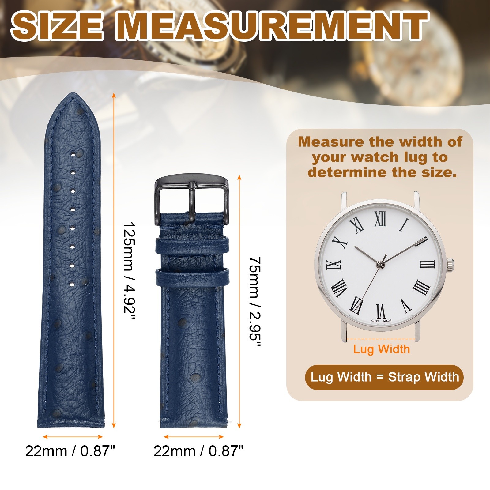 Leather Watch Band 0.87″ 22mm Top Grain Leather Watch Strap Black-Blue