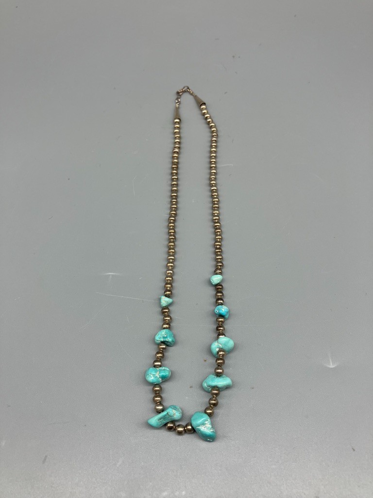 SILVER BEAD AND TURQUOISE NECKLACE 19 1/2 INCHES LONG