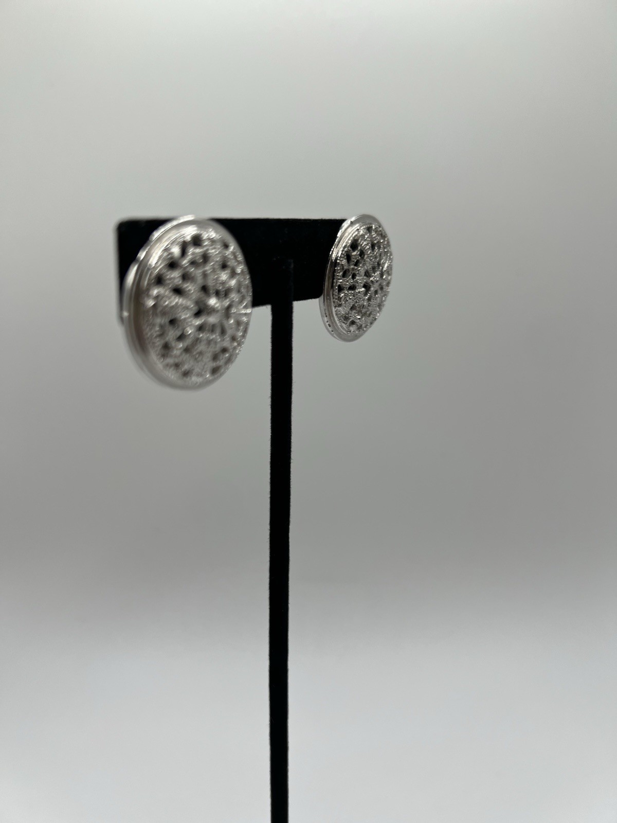 Monet Signed Silver Tone Round Filigree Stud Clip-On Earrings 1 in