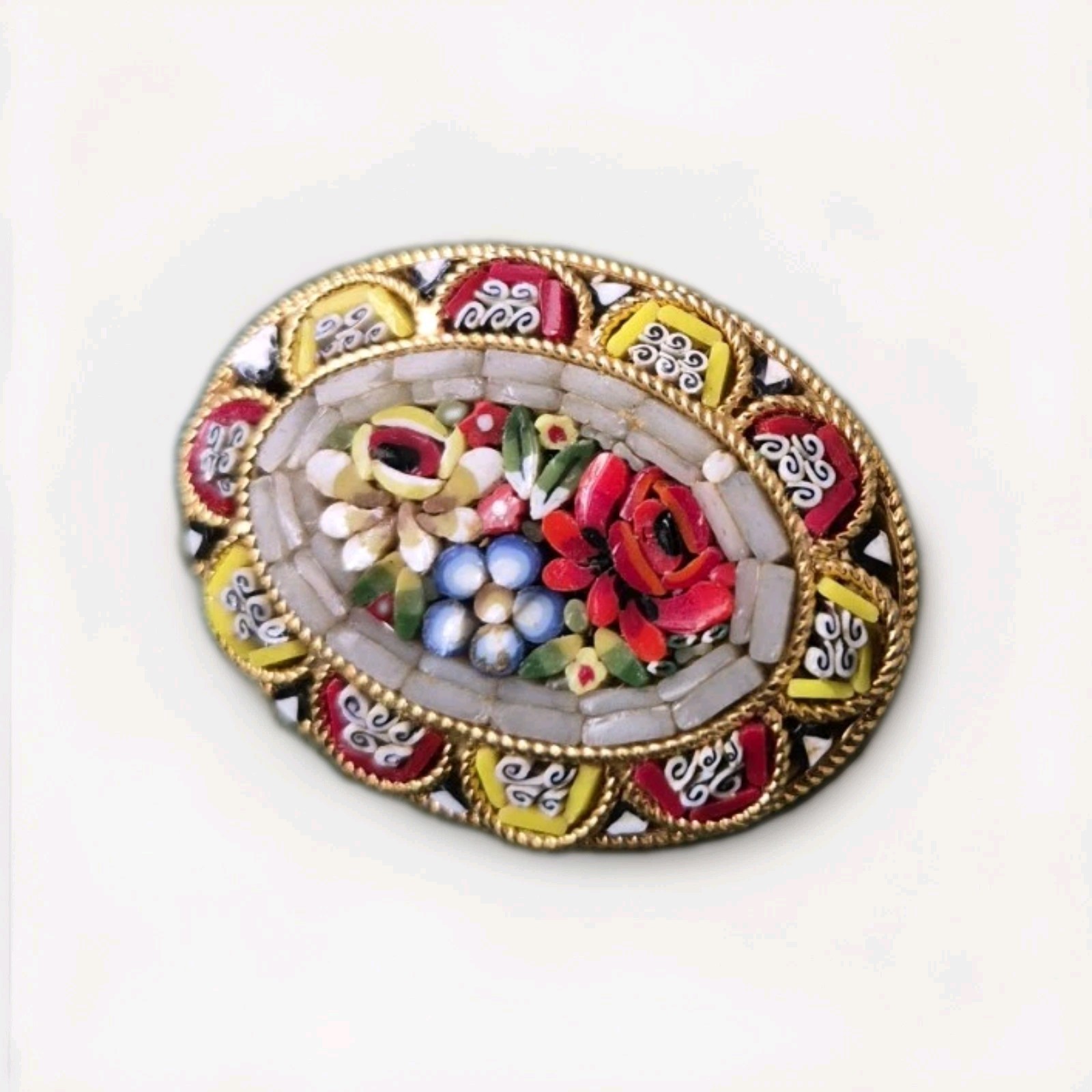 Antique Micro Mosaic Pin Brooch Gold Tone Brooch Made In Italy