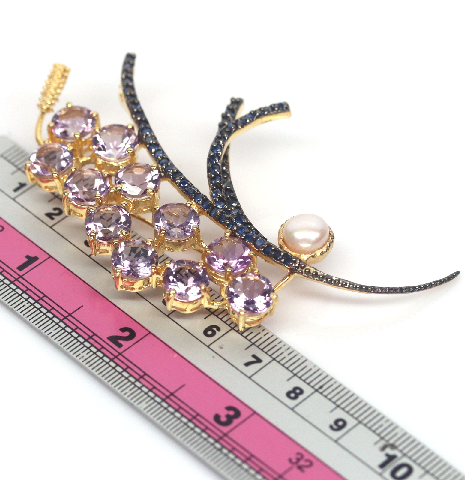 Pink Amethyst Pearl Sapphire Brooch Pendant Sterling Silver 925