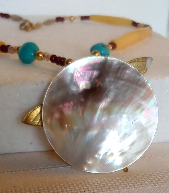 Dragonfly Necklace / Abalone-Brass-Turquoise-Simulated Bone 20”
