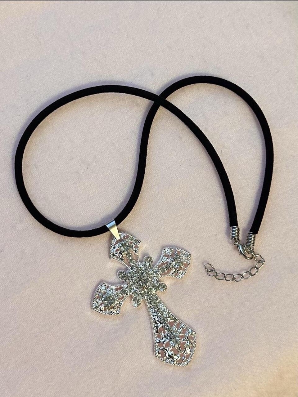 Gothic Cross Pendant on a Black Velvet Cord Crystal Silver Unisex Black Women