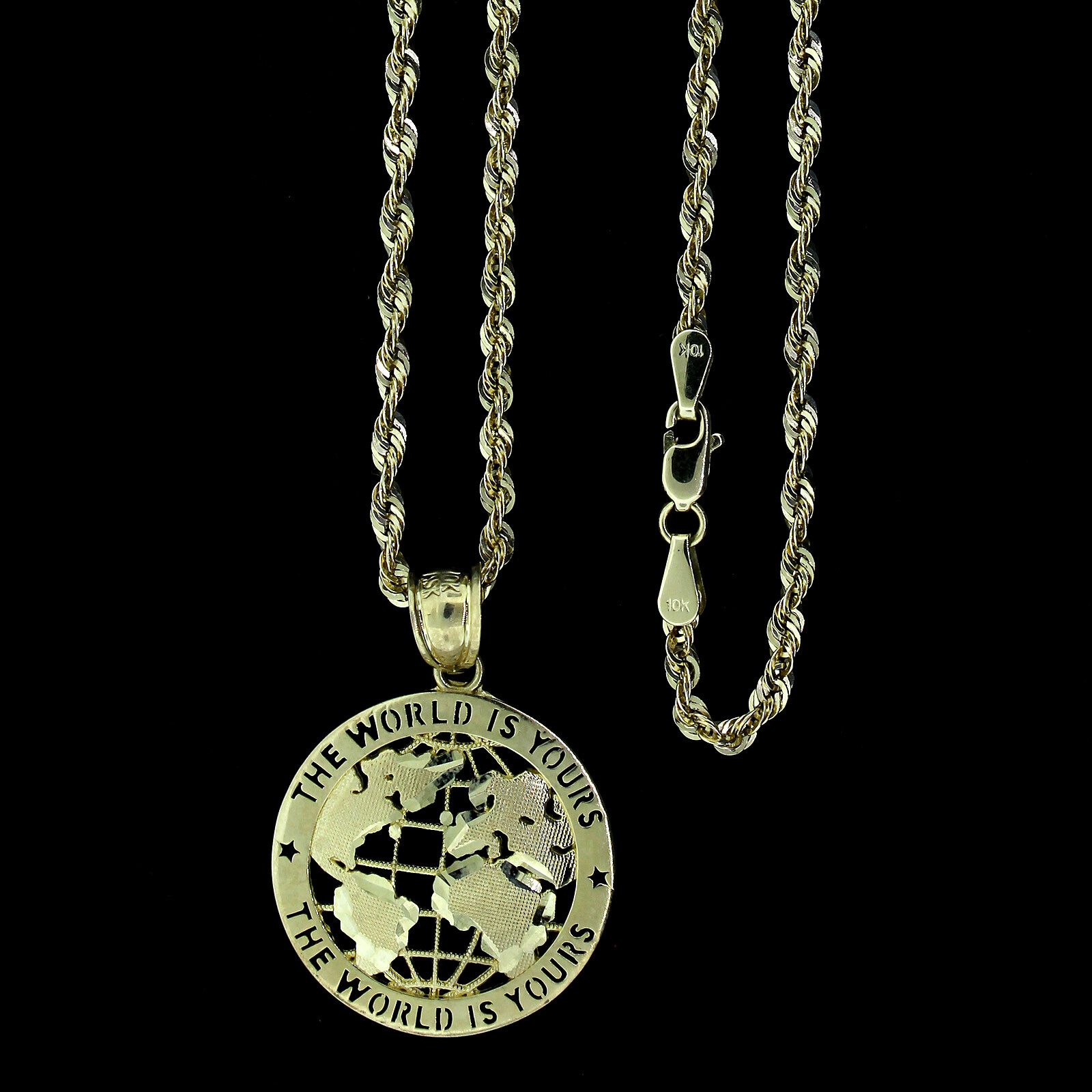 Mens Real 10K Yellow Gold The World is Yours Globe Pendant & 2.5mm Rope Chain