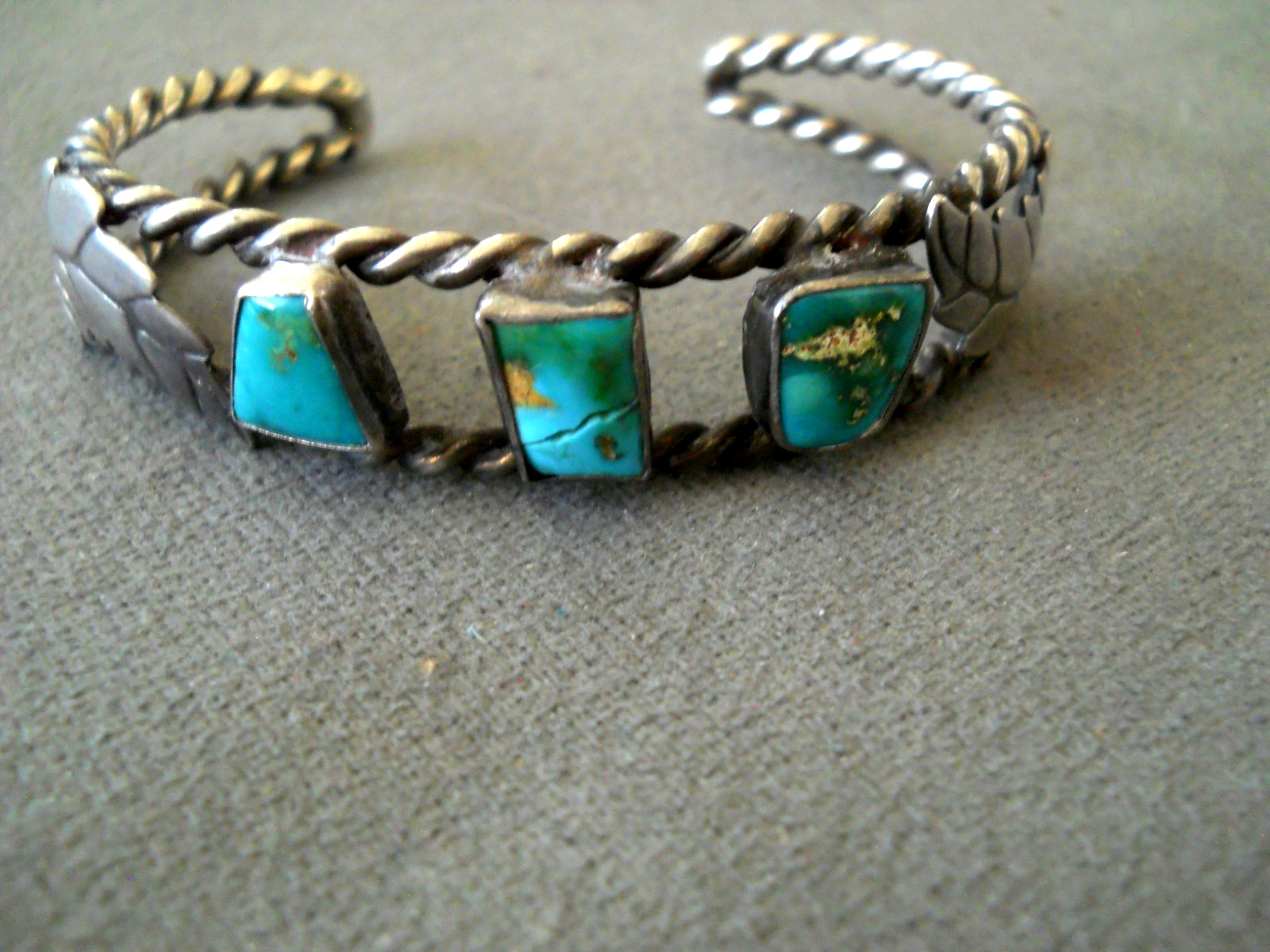 Native American Navajo Blue Green Royston Turquoise Sterlin Silver Rope Bracelet