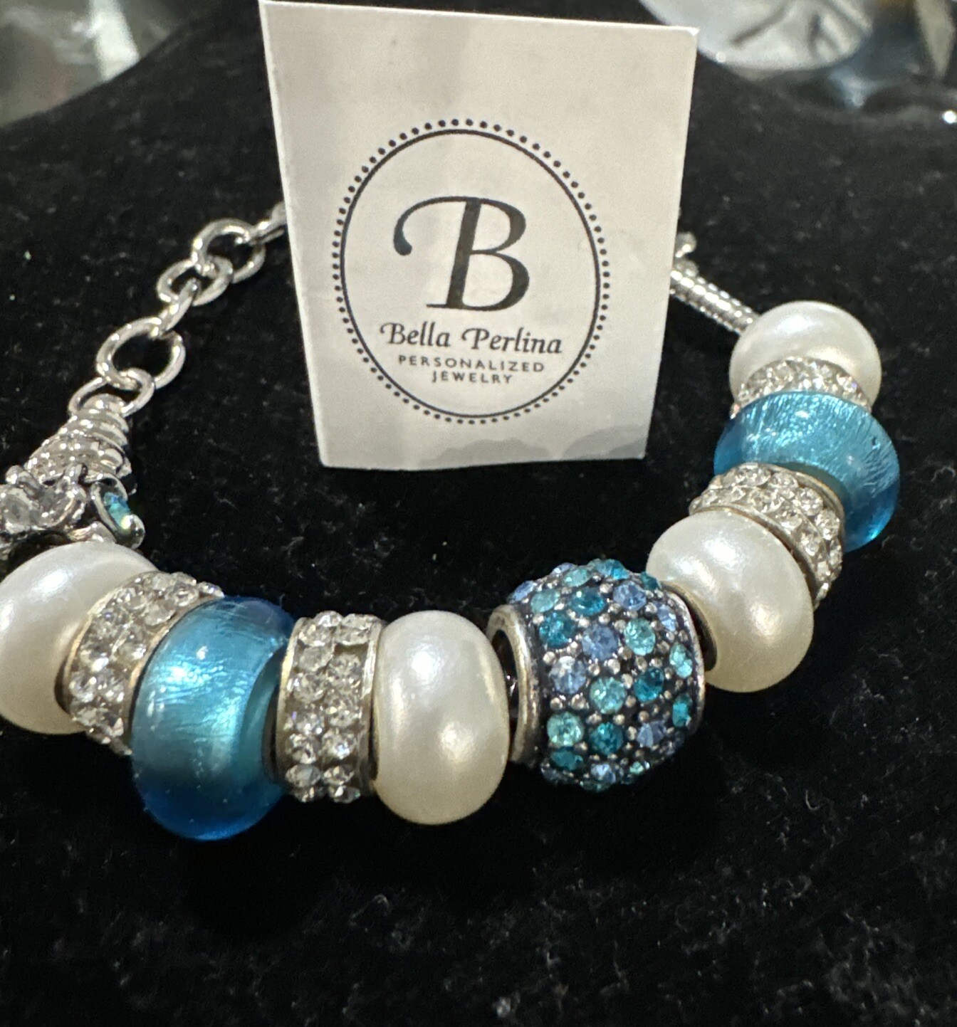 Bella Perlina Charm Bracelet with Aqua & White Beads with Silver Rhinestones $95