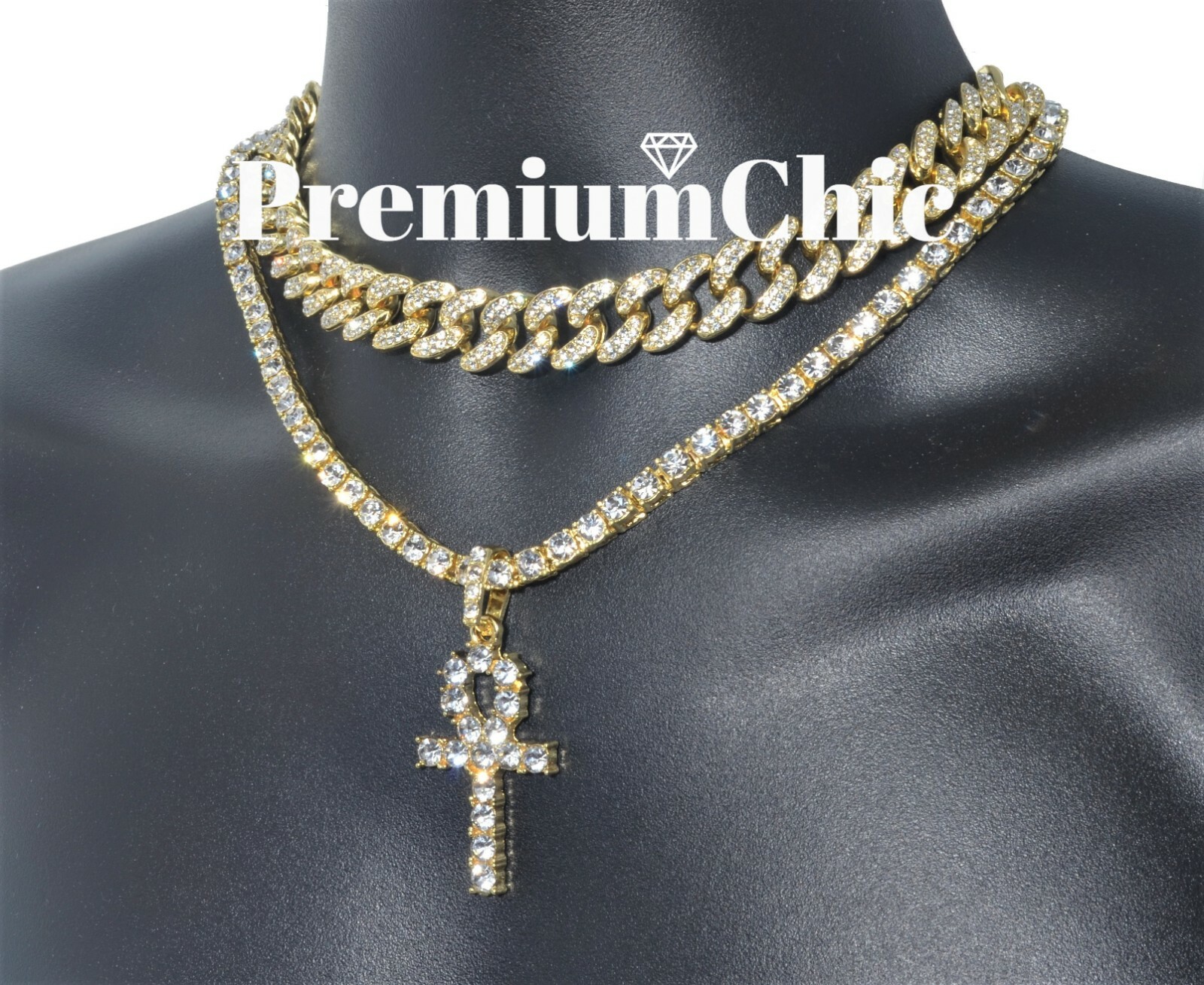 Gold Plated Men ANKH Pendant Tennis Necklace & Miami Cuban Choker CZ Jewelry SET