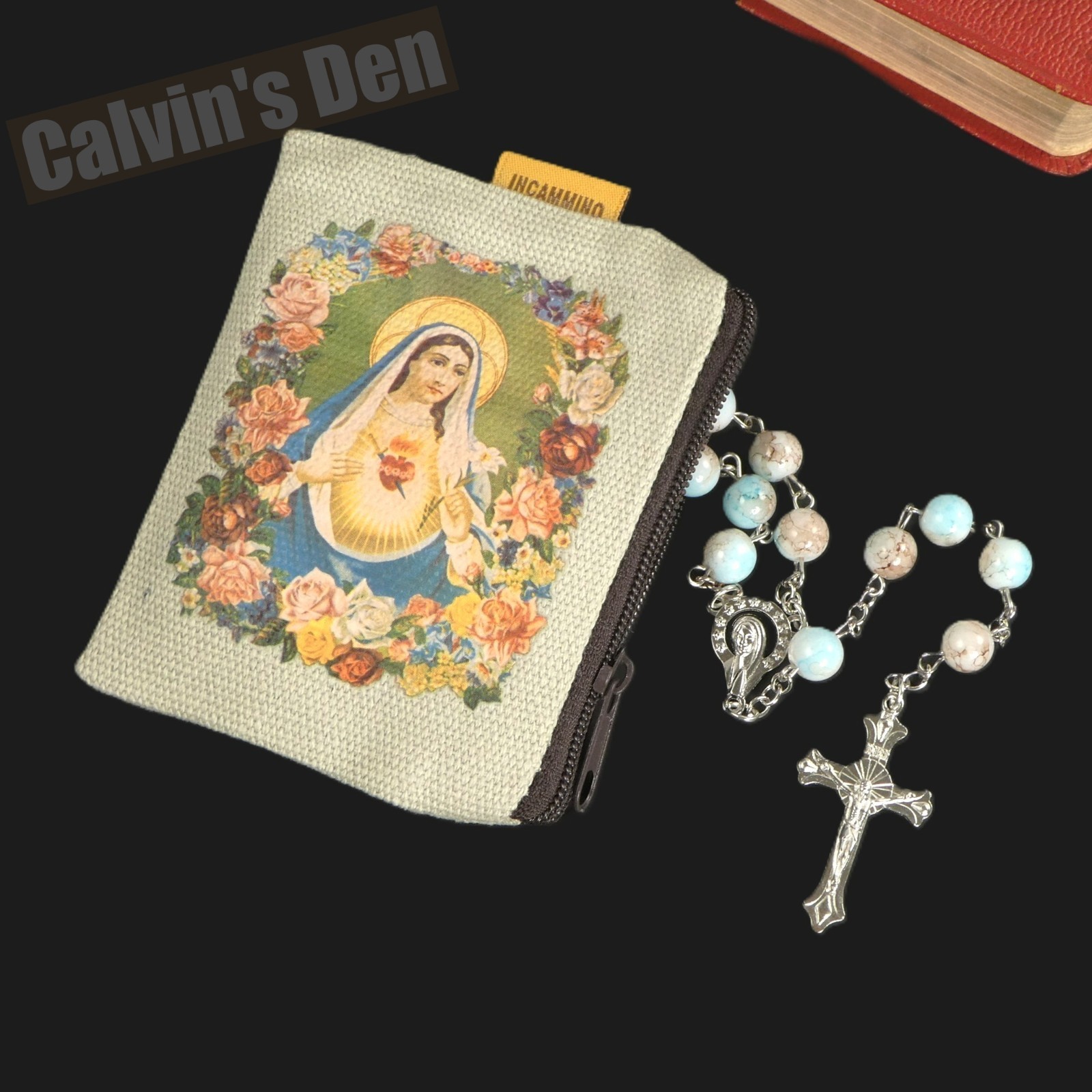 Mary with Crown of 12 Stars Crucifix Cross Rosary Marbled Light-Blue Bead Gift