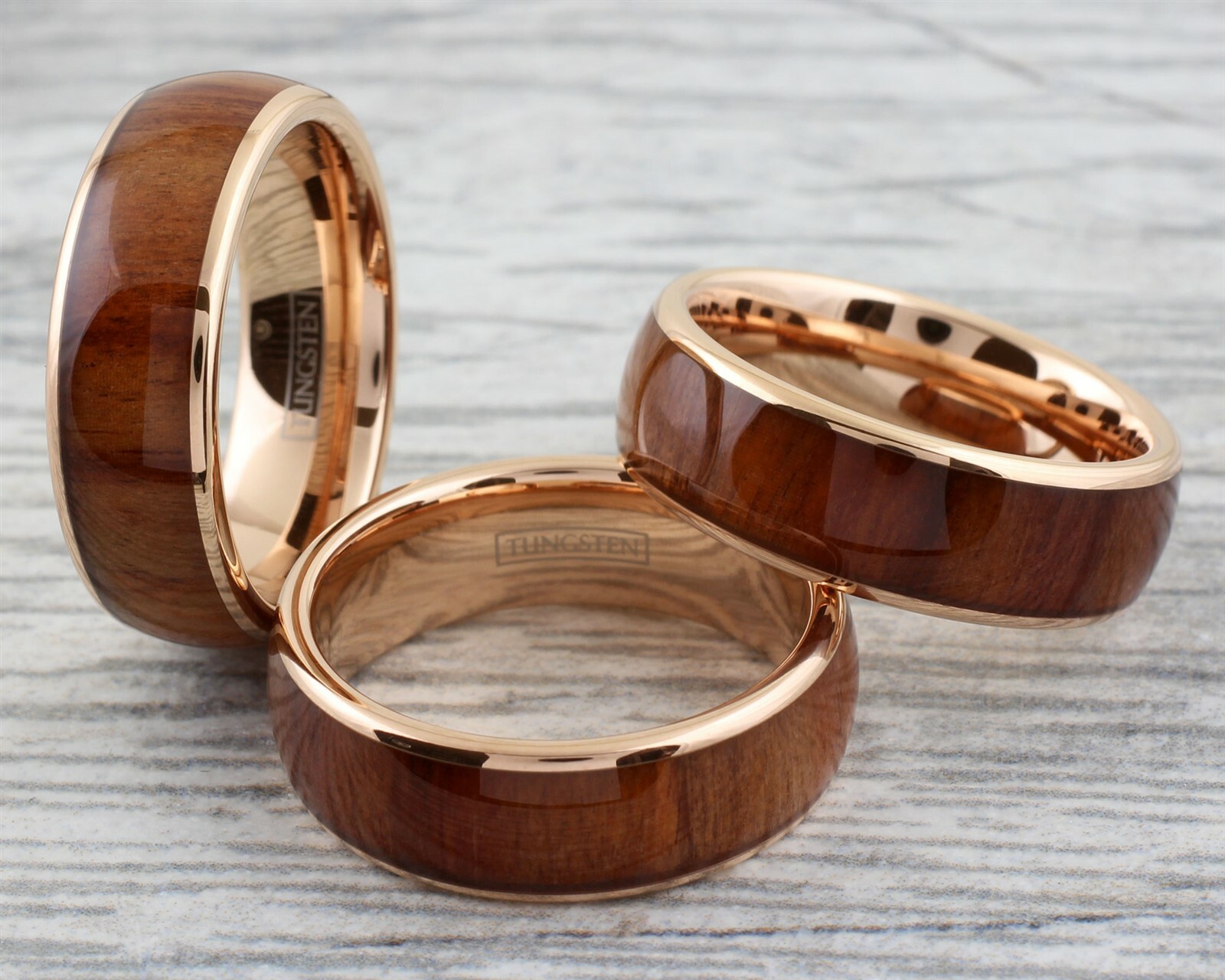 8mm Rose Gold Plated Tungsten Brown Wood Grain Stripe Men’s Wedding Band Ring