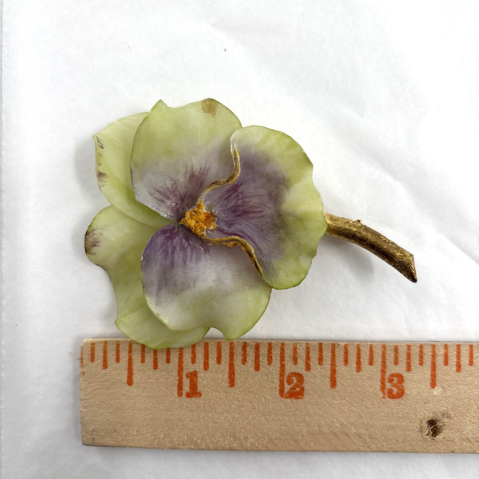 Vtg Fabrice Paris Brooch Translucent Pansy Flower Lucite Resin Gold Tone Stem