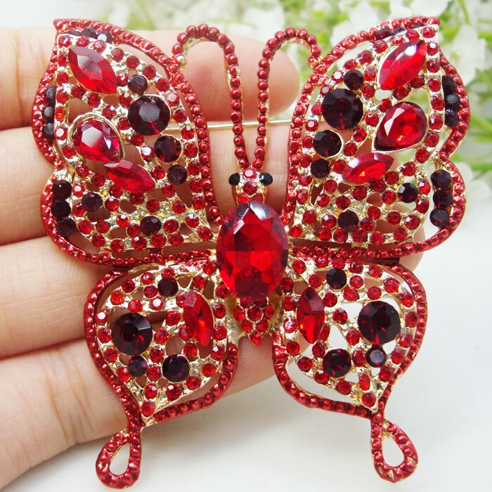 Small Size Red Butterfly Insect Woman Pendant Brooch Pin Red Austria Crystal