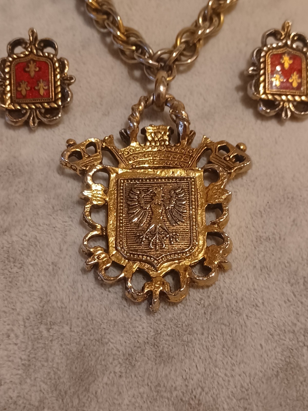 Vintage Fleur-De-Lis Necklace Earrings Medallion Coat of Arms Eagle Crown