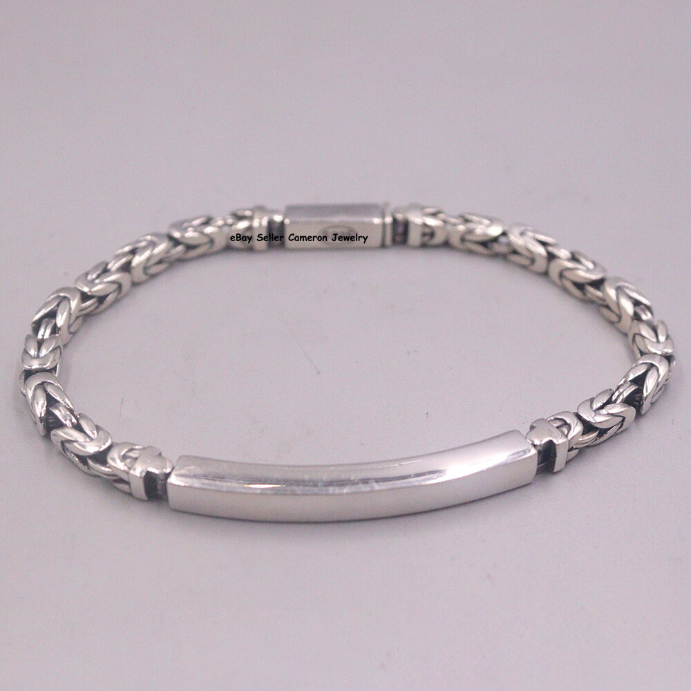 Pure S925 Sterling Silver Chain 4.5mm Byzantine ID Link Bracelet 24-25g 8.26inch