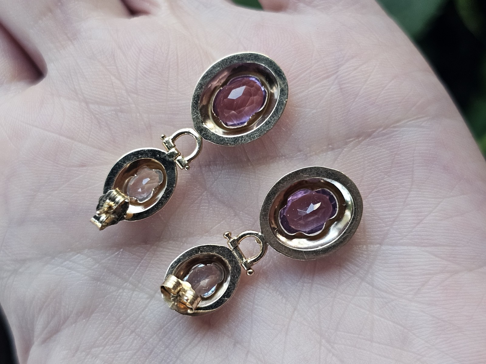 Vintage 14k Yellow Gold Purple Blue Gemstone Doorknocker Postback Earrings 3g