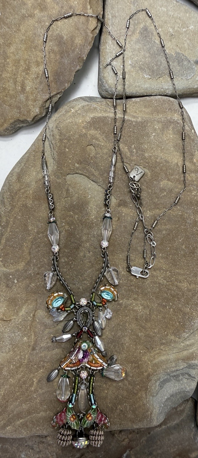 Gorgeous VTG Israeli Ayala Bar Artisan Boho Ornate Glass Beaded Dangly Necklace
