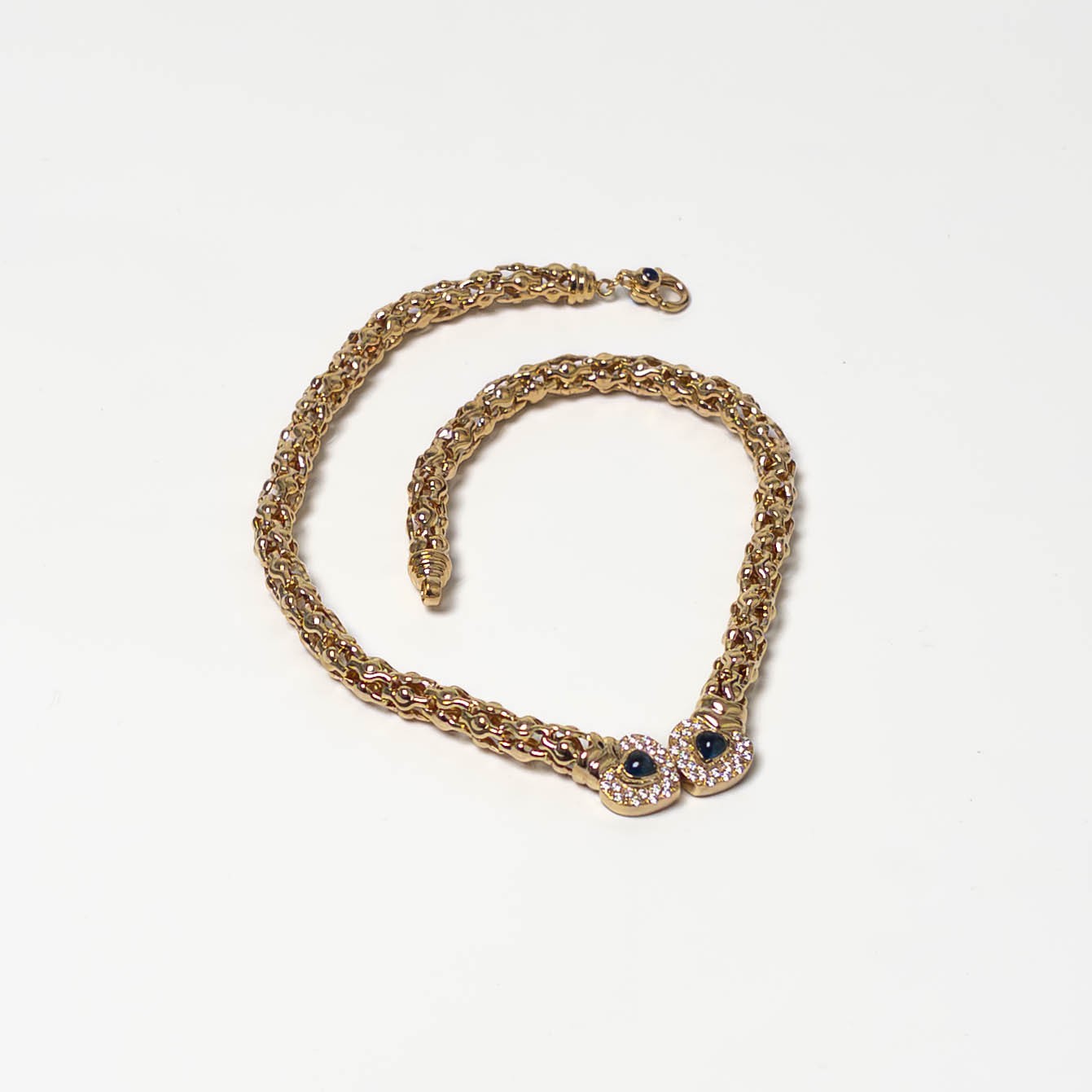 Ladies Chain, Heart Chain, Gold Necklace with Zircon and Sapphires, Yellow Gold 585 14K