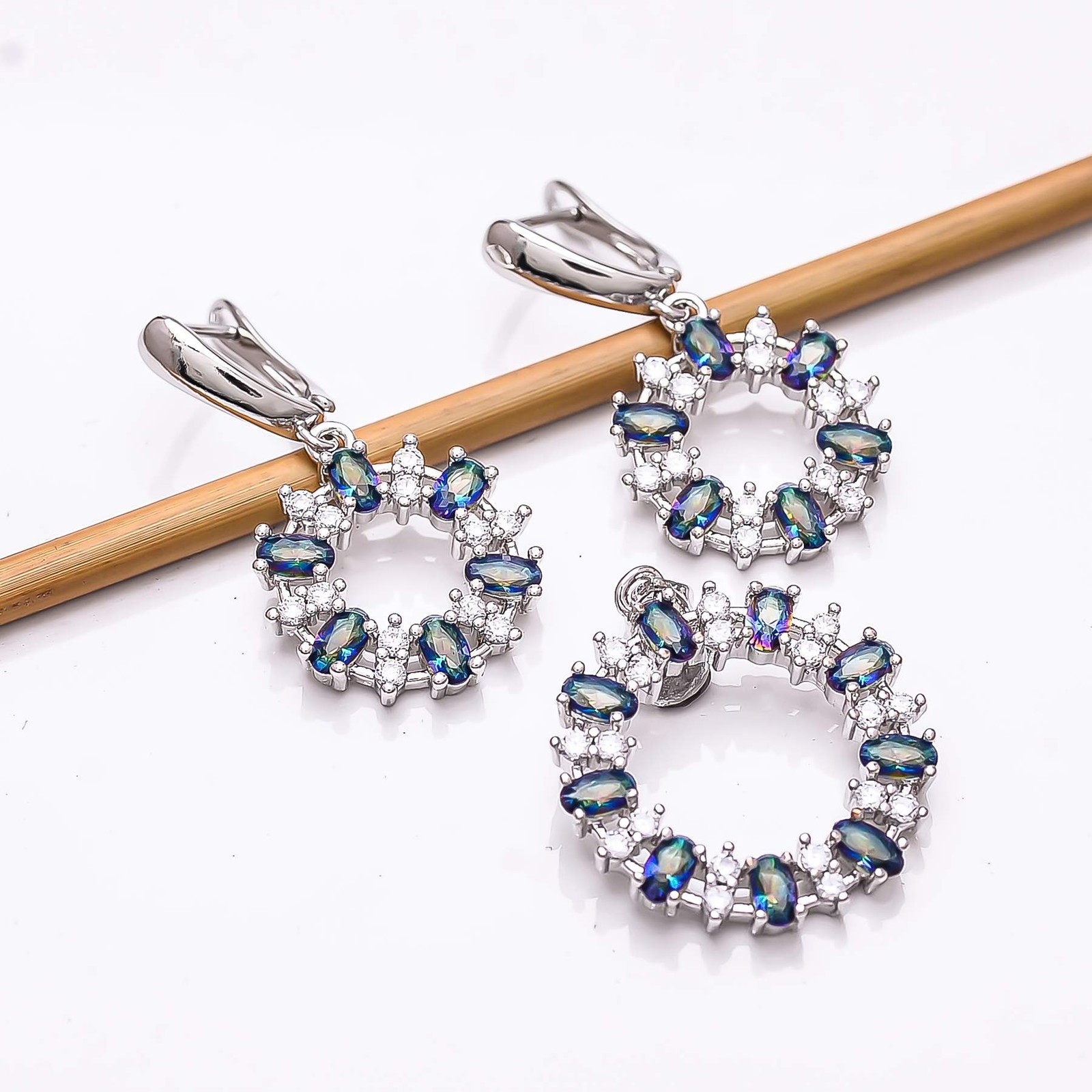 Blue Rainbow Mystic Fire Topaz 925 Sterling Silver Pendant Set P814, Christmas