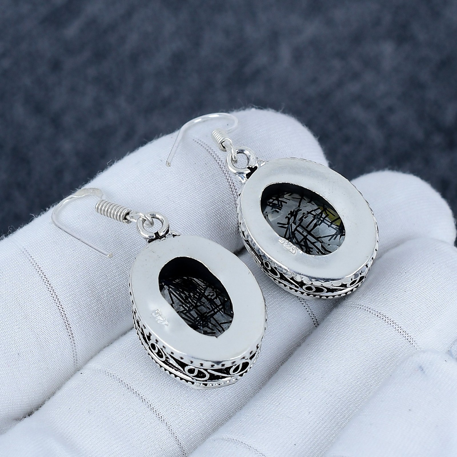 Black Rutile Quartz Earrings 925 Sterling Silver Dangle Earrings Wedding Gift