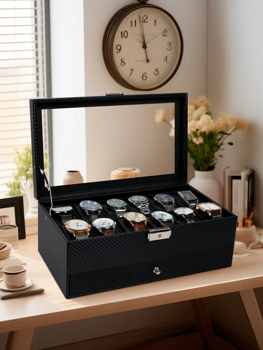 Watch Box 12 Slot Watch Display Organizer Leather Jewelry Case Drawer Glass