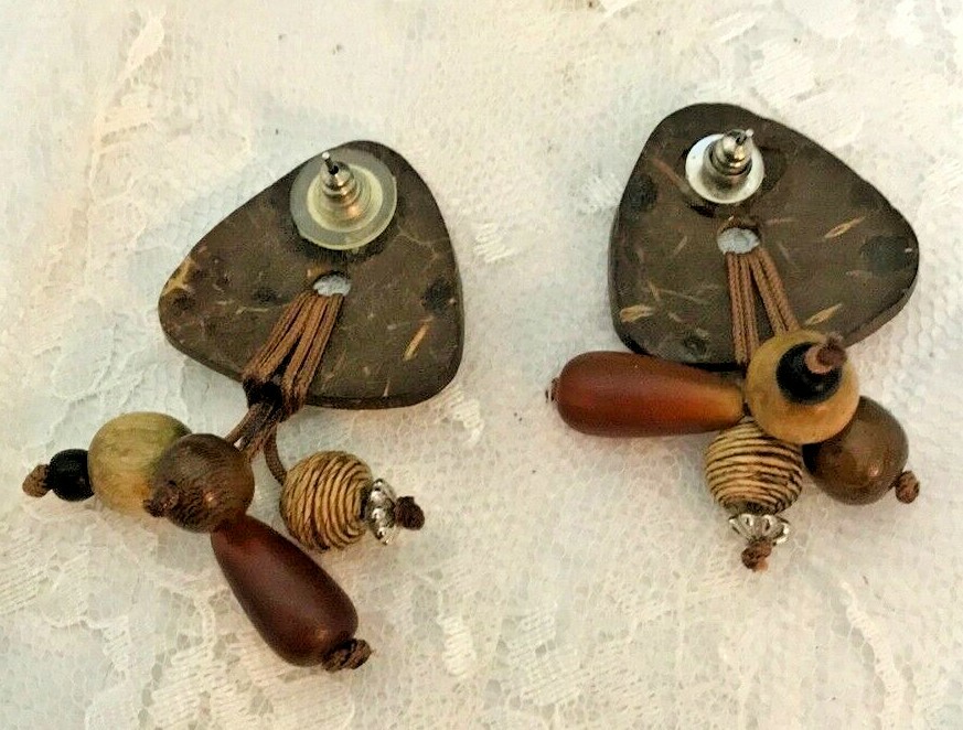 Earthy Earrings Post Type 2.5” long Wood Cording Metal Browns