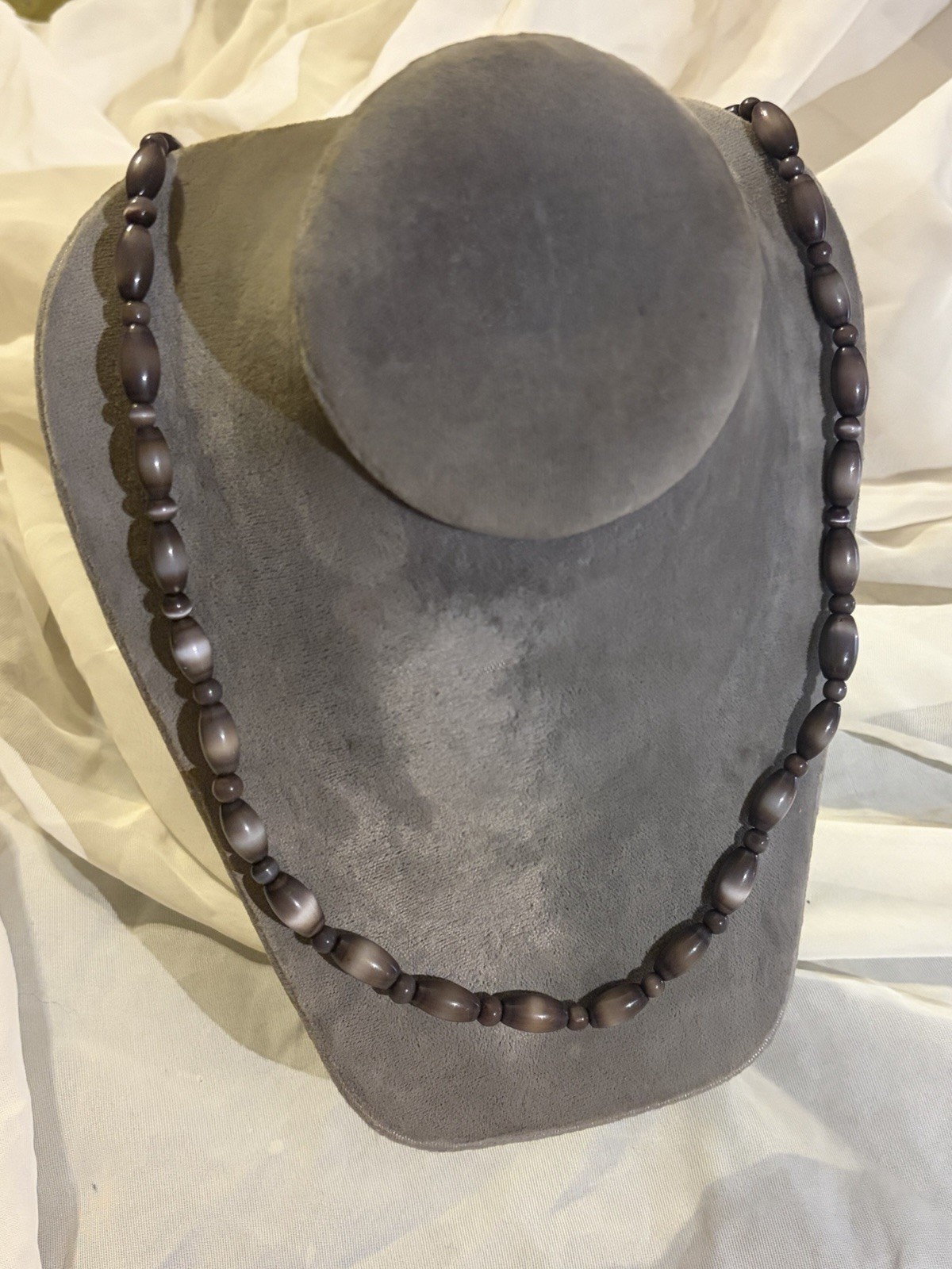 Vintage Gray Cat’s Eye Glass Bead Necklace Satin Finish Elegant Minimalist