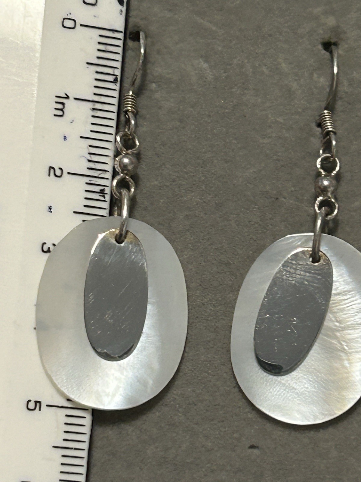Vtg Sterling Silver & Mother Of Pearl Disc 5cm Drop Earrings (4.77g)