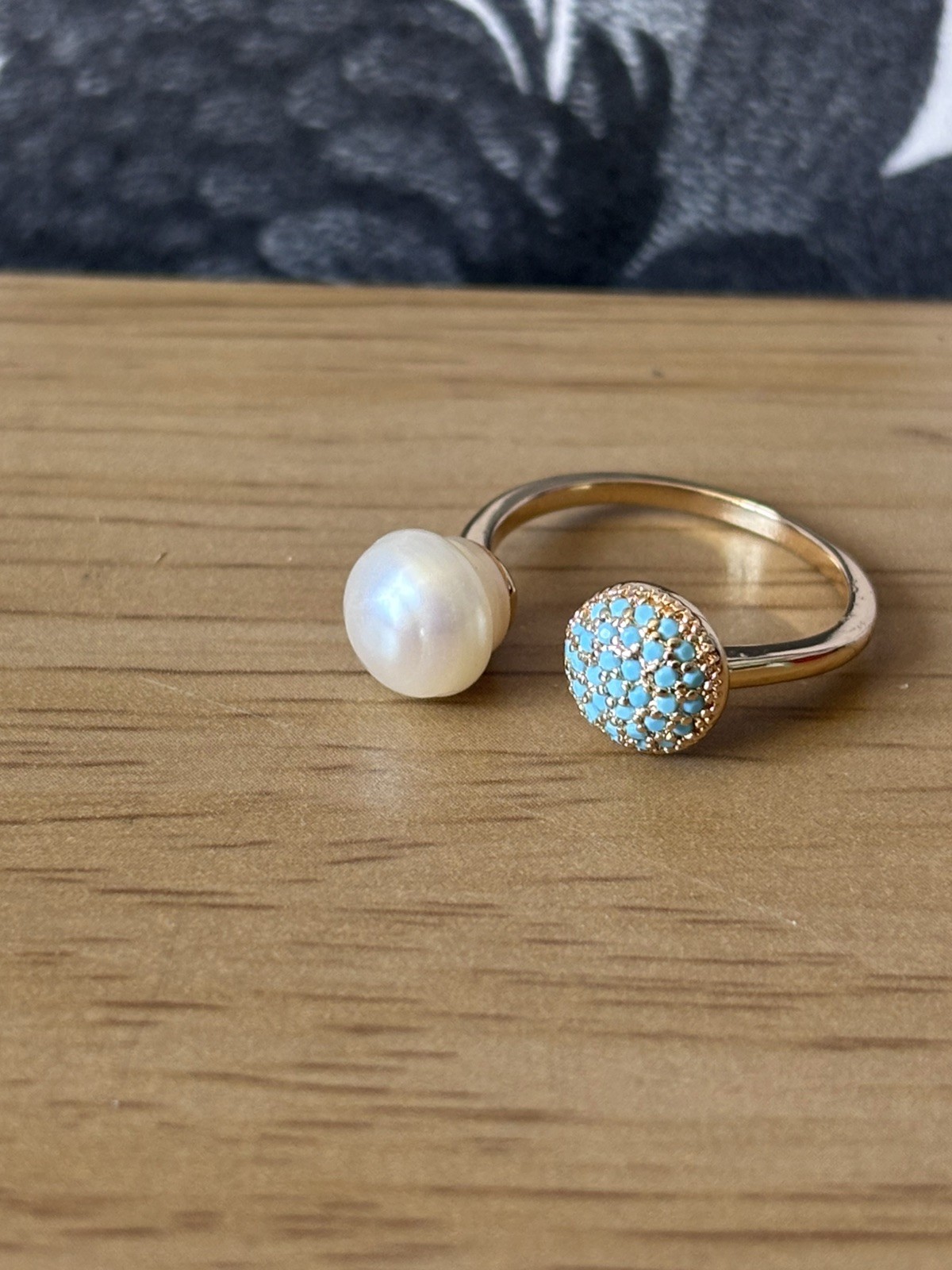 Round Fire Blue Faux Topaz Faux Pearl Gold Ring Adjustable Size