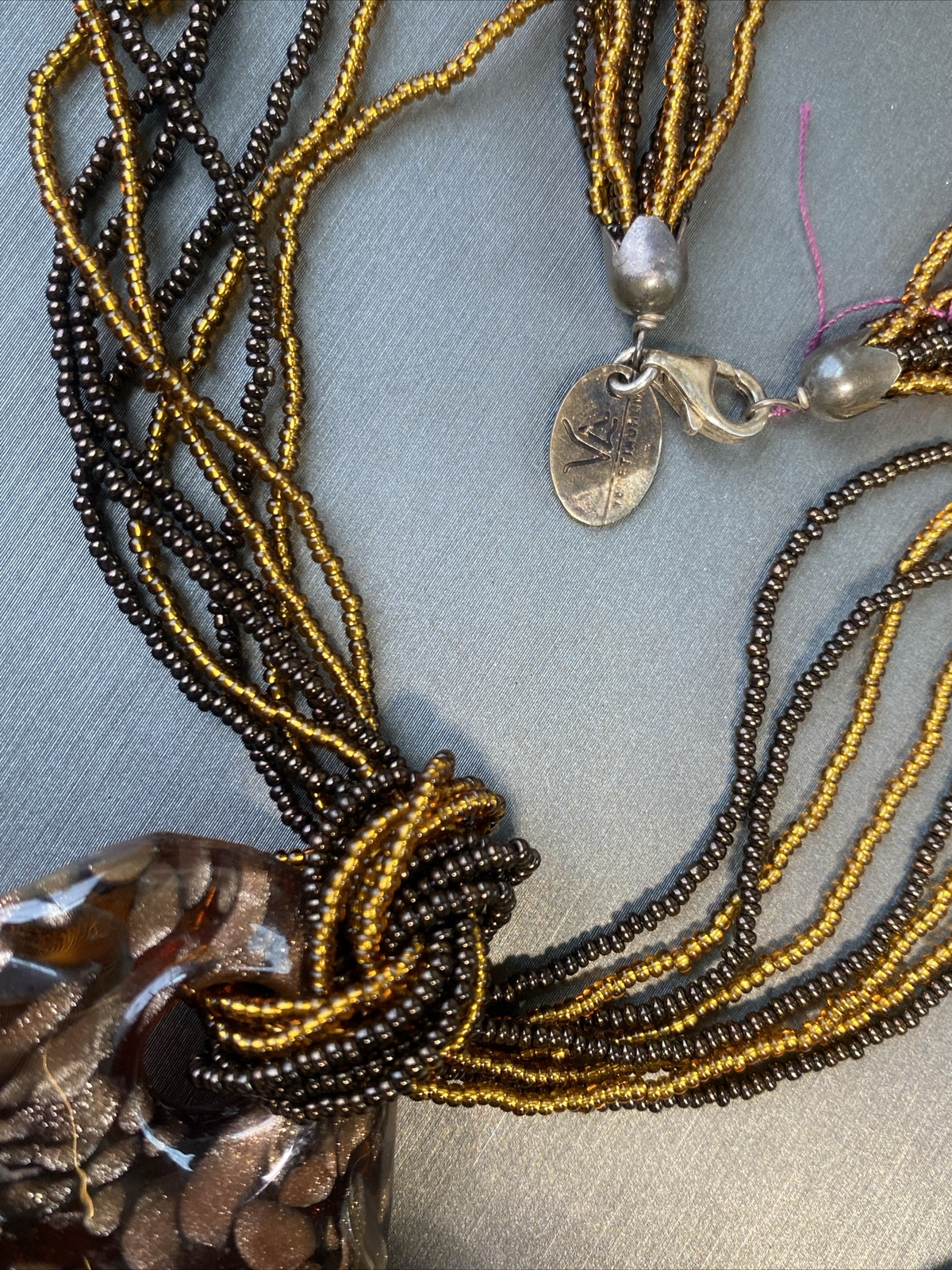 Vintage Pendant Necklace Handblown Murano Italy Art Glass 24K Gold Fleck Signed