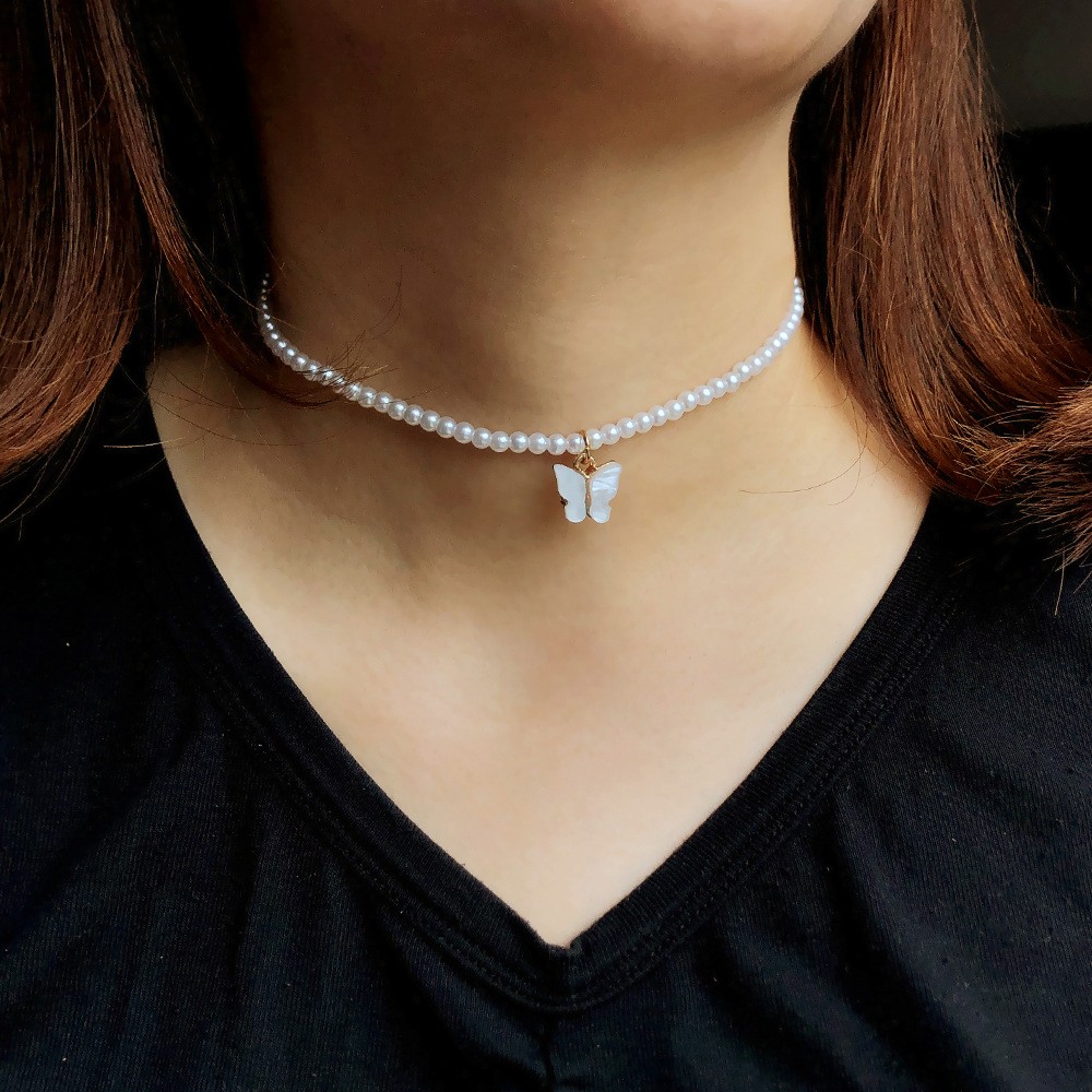 Elegant White Pearl Choker Necklace Small Round Pearl Wedding Butterfly Necklace