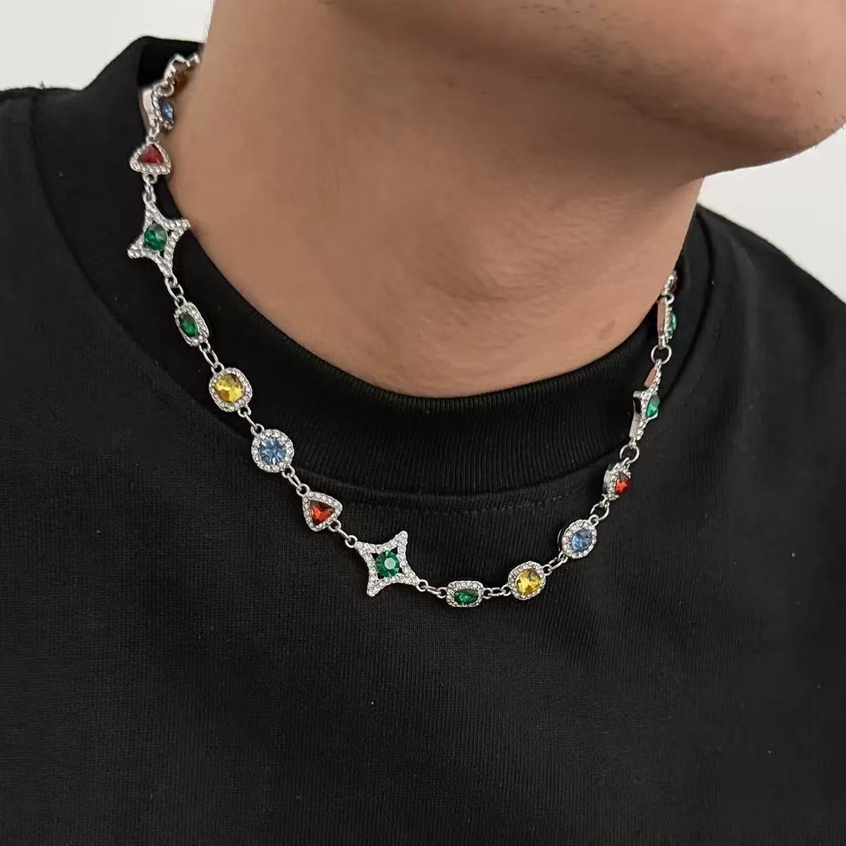 Gold-plated alloy necklace color imitation gemstone collar and bracelet set
