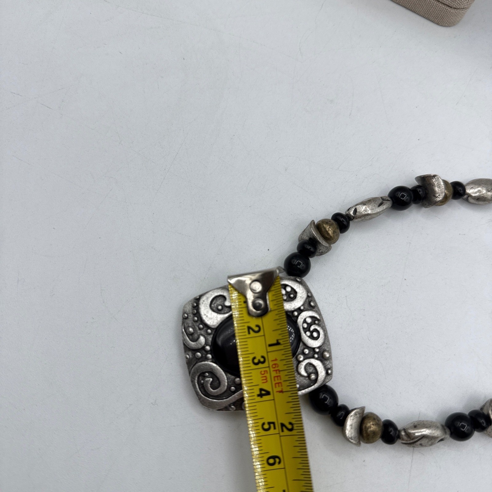 Chico’s Statement Necklace Black Silver Gold Scroll Pendant Boho Tribal Artisan